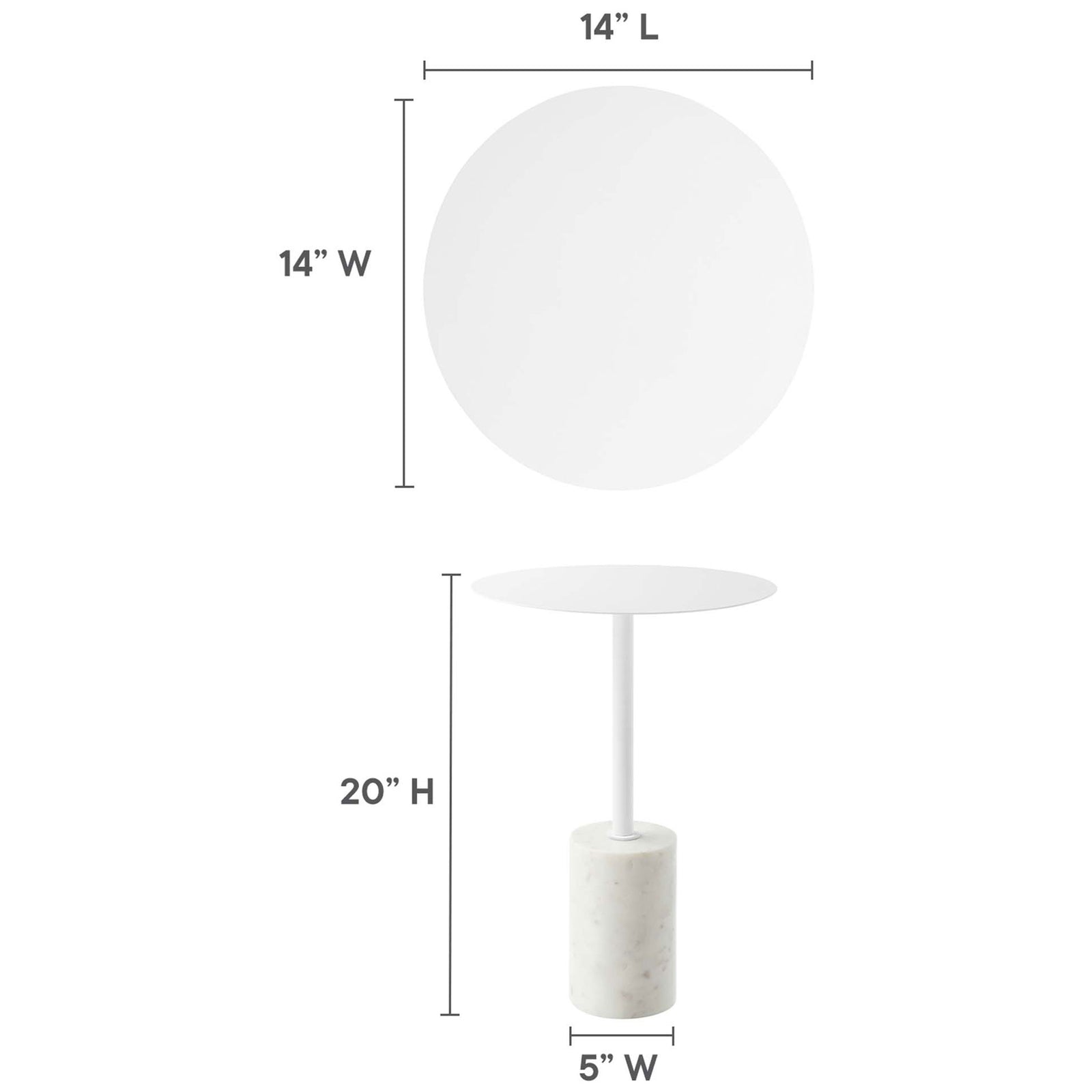 Compact Lyric round side table sized at 14 inches wide and 20 inches high to tuck beside sofas and chairs. || EEI-6605-WHI-WHI || dimension_studio