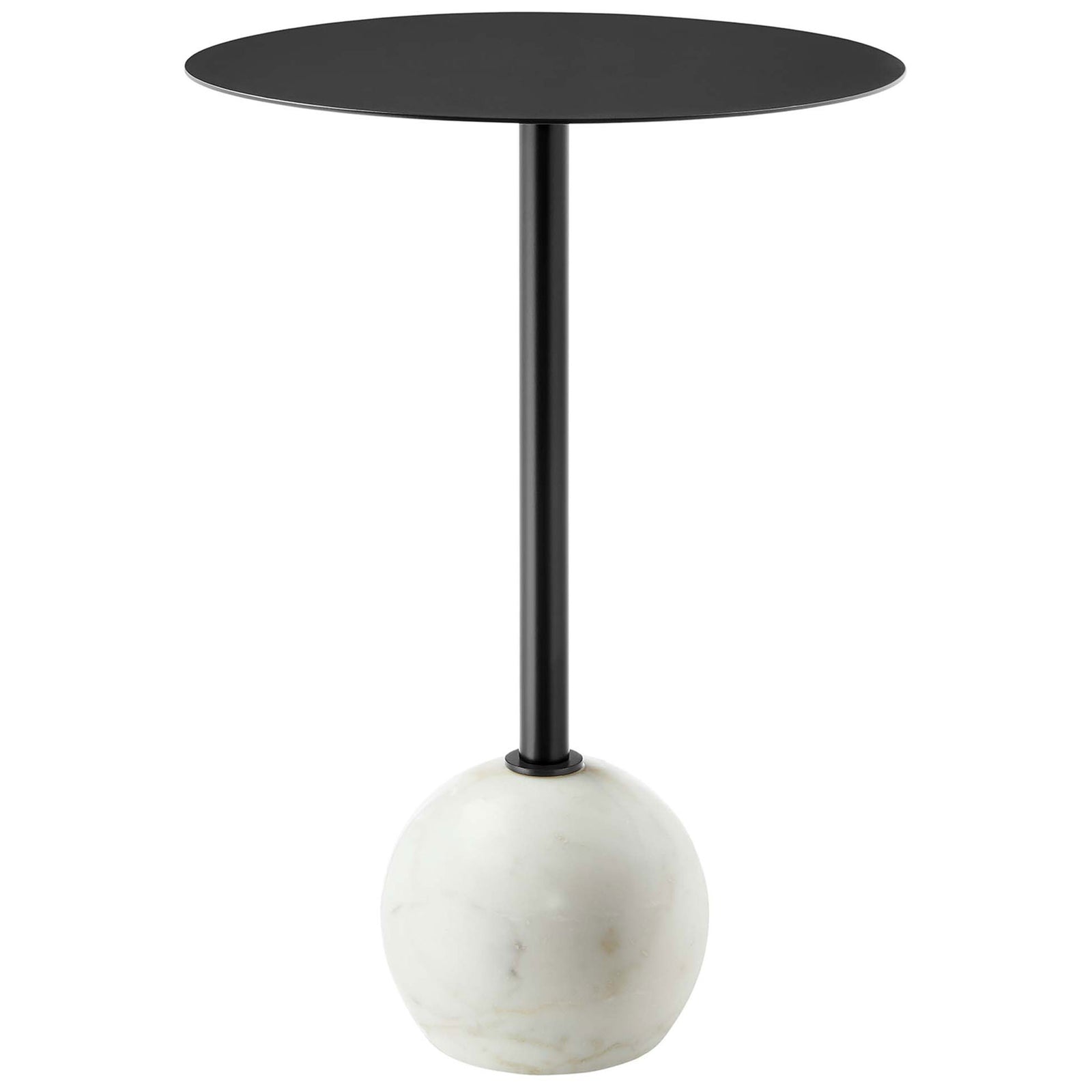 Aliza side table with slim black pedestal base and white marble sphere for modern sculptural style || EEI-6606-WHI-BLK || front_studio
