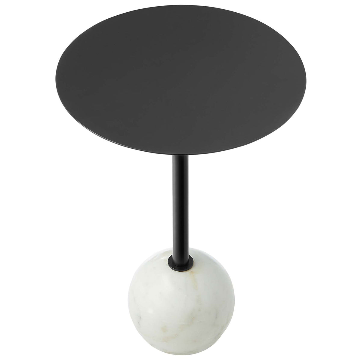A sleek black round tabletop offers ample space for drinks, decor, or a favorite book || EEI-6606-WHI-BLK || top_studio