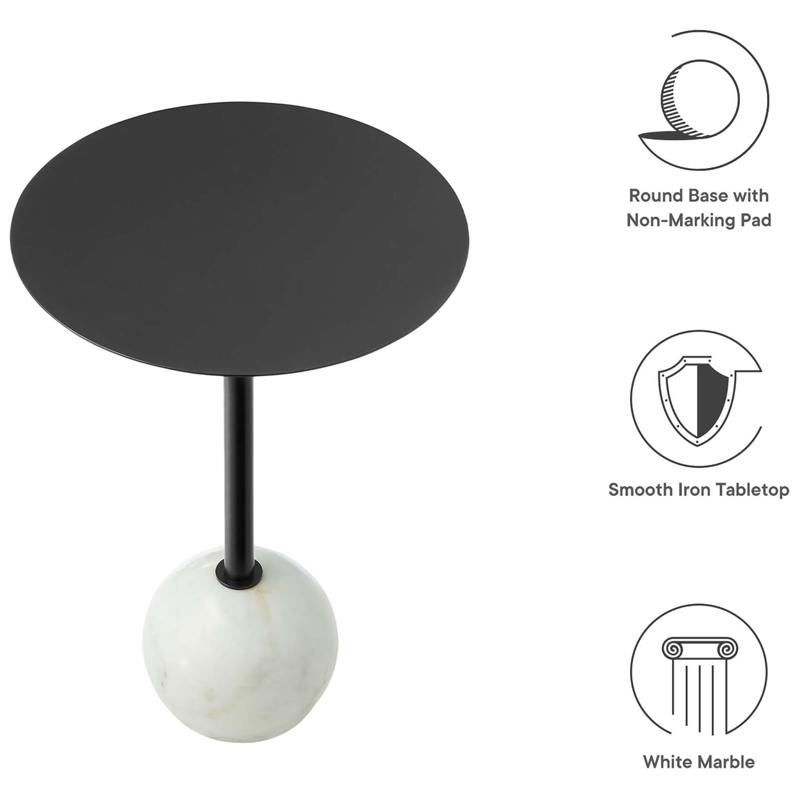 Aliza side table with white marble base, non-marking pad, and smooth black iron top || EEI-6606-WHI-BLK || callout_studio
