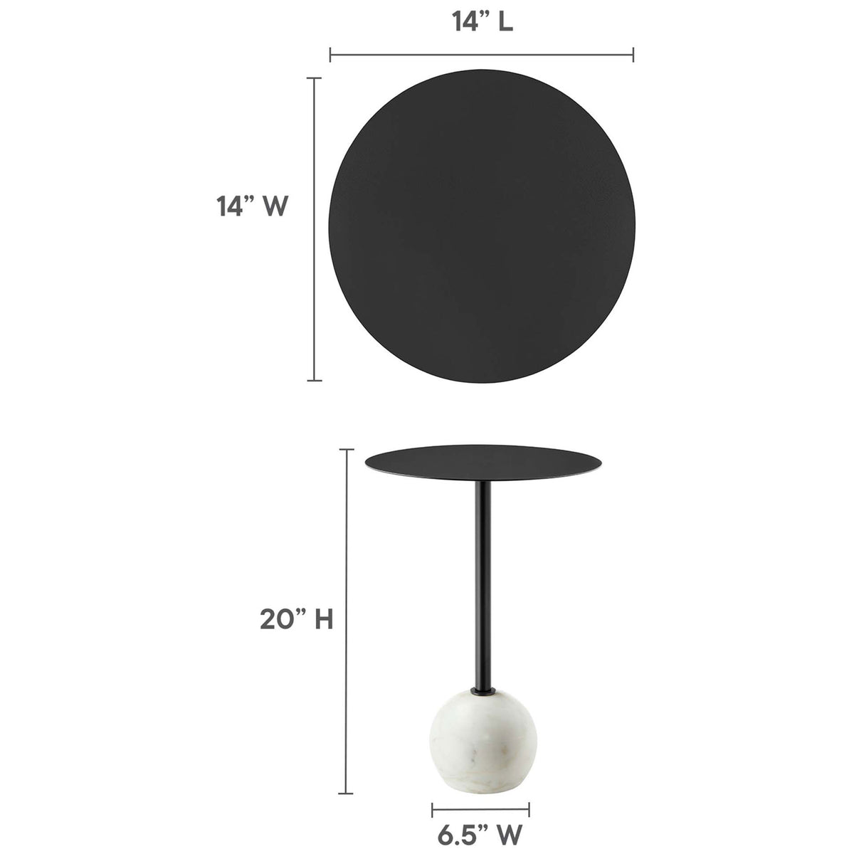 Dimension diagram showing the round 14 inch wide tabletop and 20 inch tall Aliza side table || EEI-6606-WHI-BLK || dimension_studio