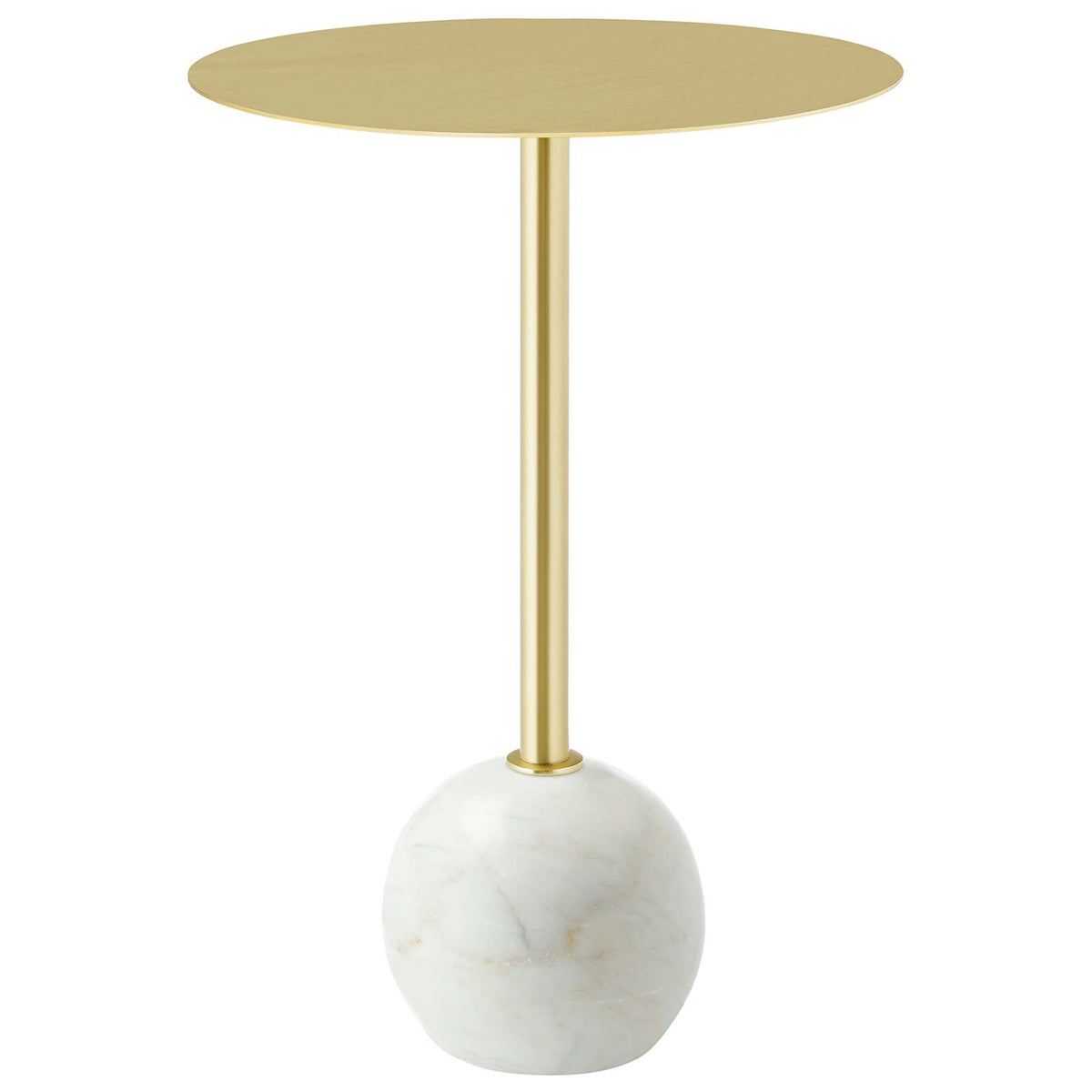 Round brass-finished side table with slim pedestal and white marble sphere base for modern spaces || EEI-6606-WHI-BRA || front_angle_studio