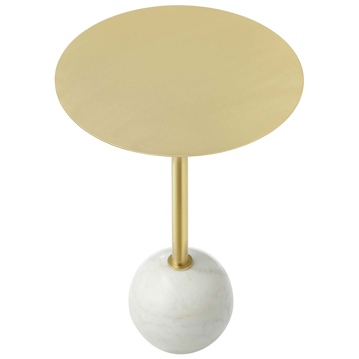 Brushed brass round tabletop offers a sleek surface for drinks, decor, and everyday living || EEI-6606-WHI-BRA || top_studio