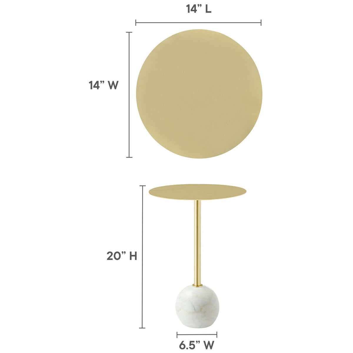 Compact round side table measures 14 inches wide and 20 inches high for versatile placement || EEI-6606-WHI-BRA || dimension_studio