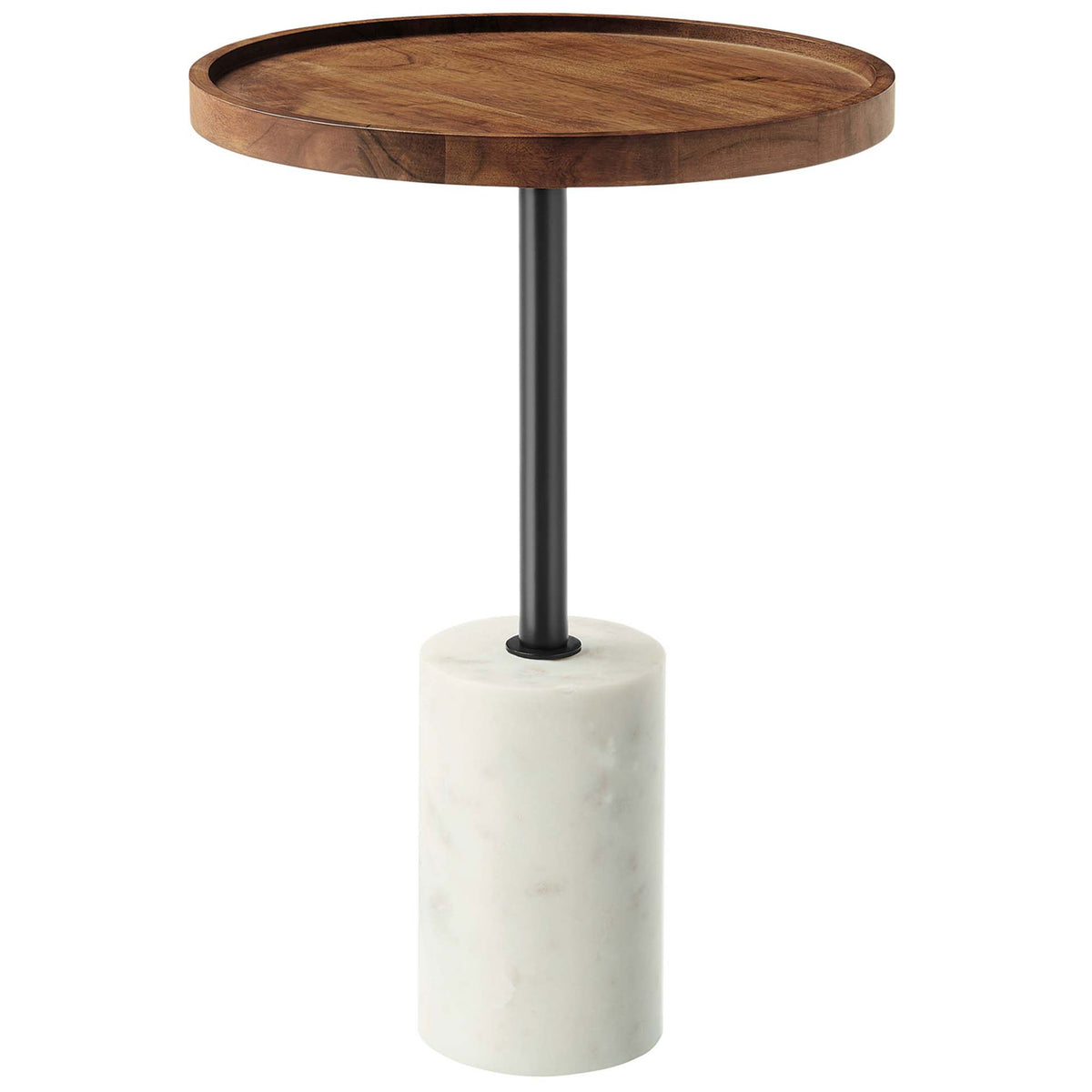 Round acacia side table with tray-style top, slim black rod, and white marble cylinder base || EEI-6607-WHI-LOC || front_angle_studio