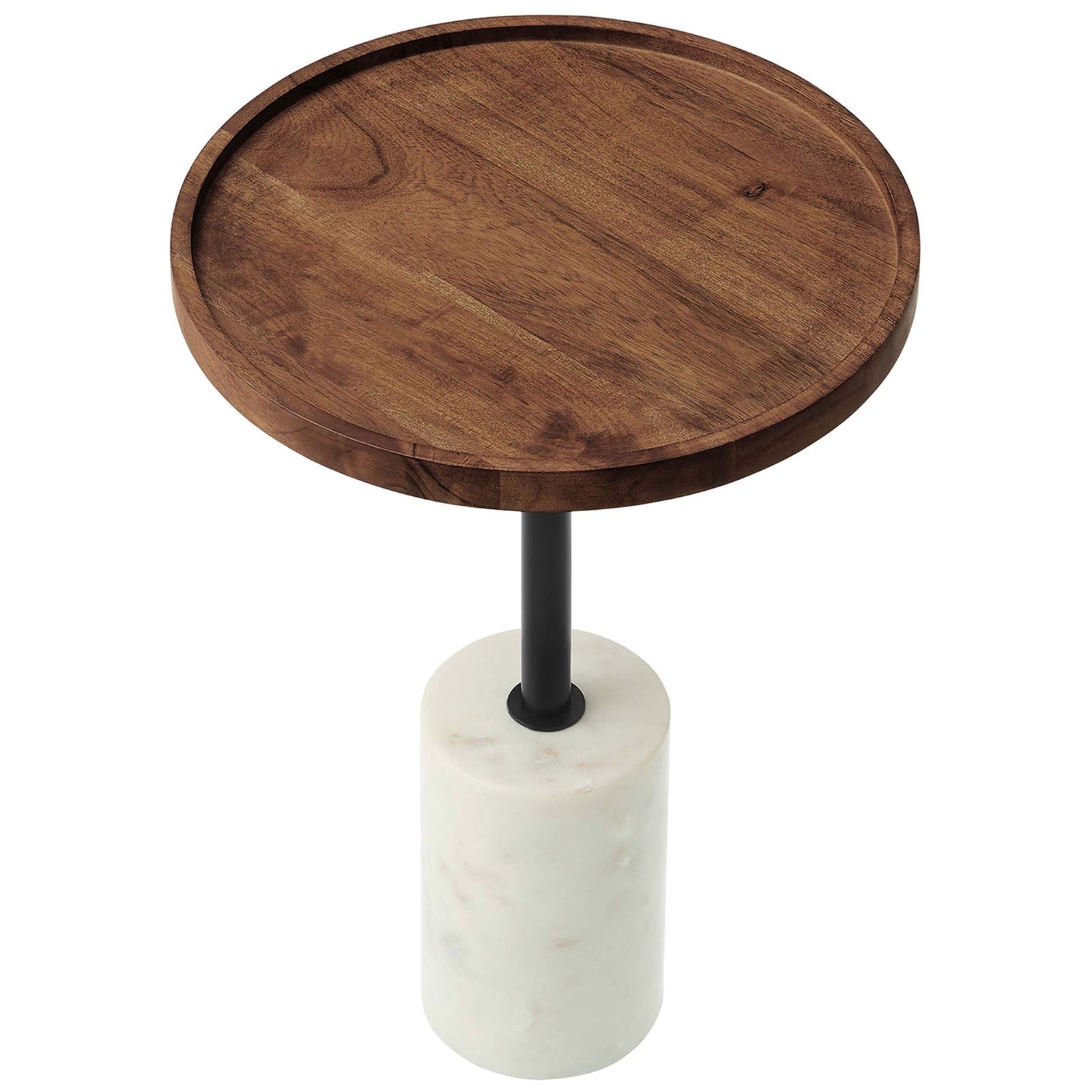 Round acacia tabletop with raised rim supported by a slim black rod and white marble base || EEI-6607-WHI-LOC || top_angle_studio