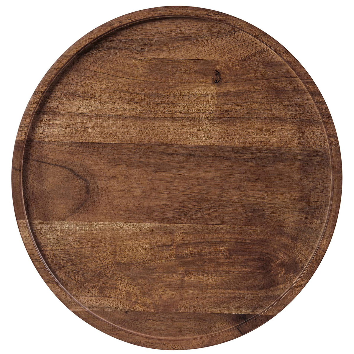 Round acacia tabletop showcasing rich wood grain and subtly raised tray-style edge || EEI-6607-WHI-LOC || top_studio