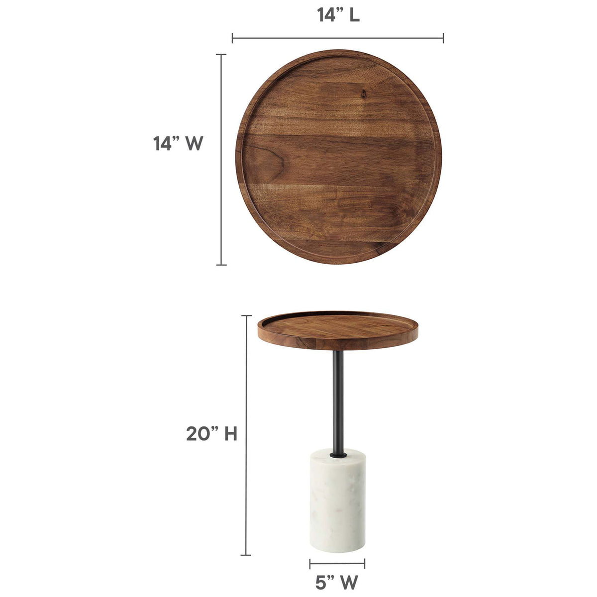 Dimensions diagram of the round acacia side table showing tabletop width and overall height || EEI-6607-WHI-LOC || dimension_studio