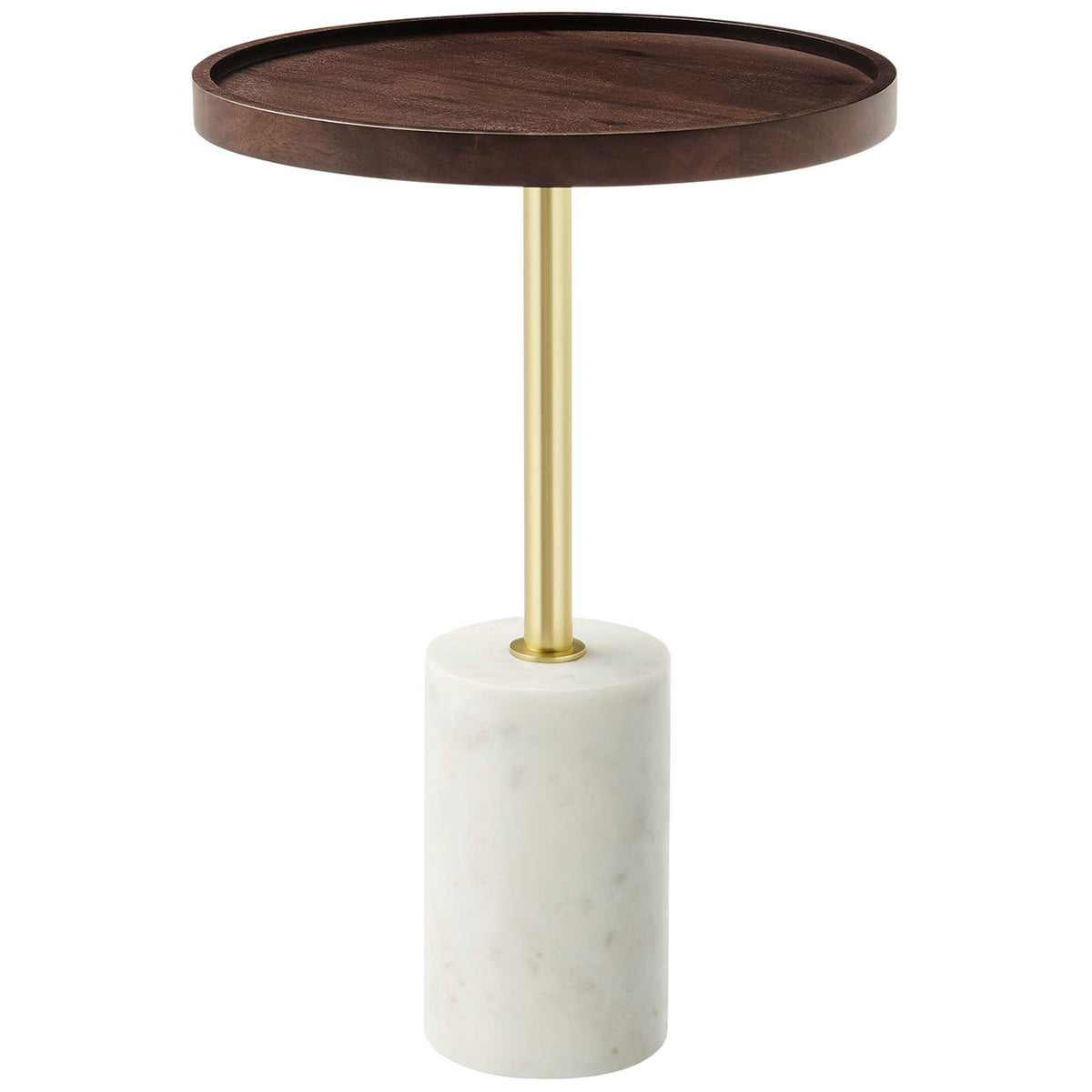 Round acacia side table with raised tray rim, brass stem, and white marble cylinder base. || EEI-6607-WHI-WAC || front_angle_studio