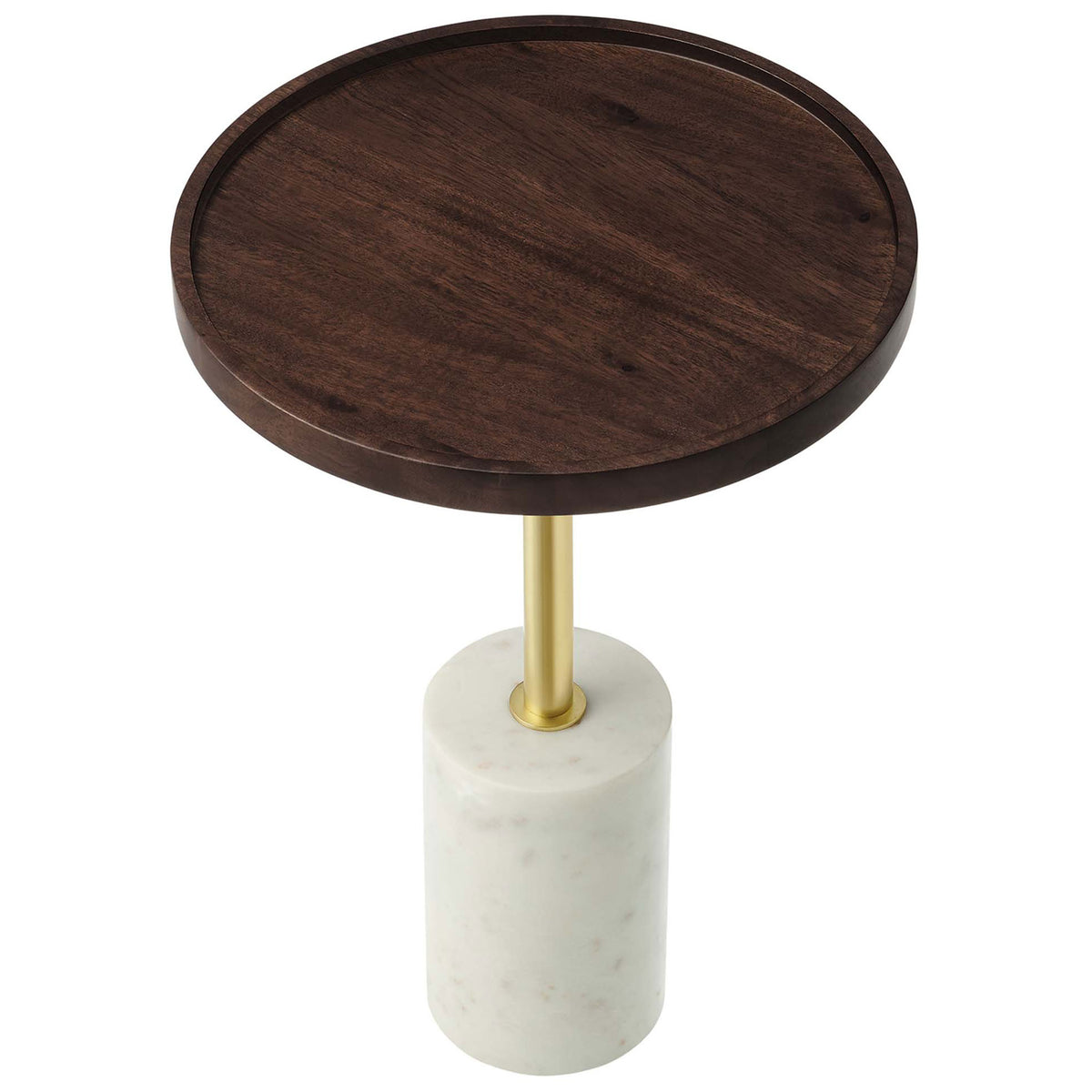 Slim round side table with dark acacia top, brass post, and white marble base. || EEI-6607-WHI-WAC || top_studio