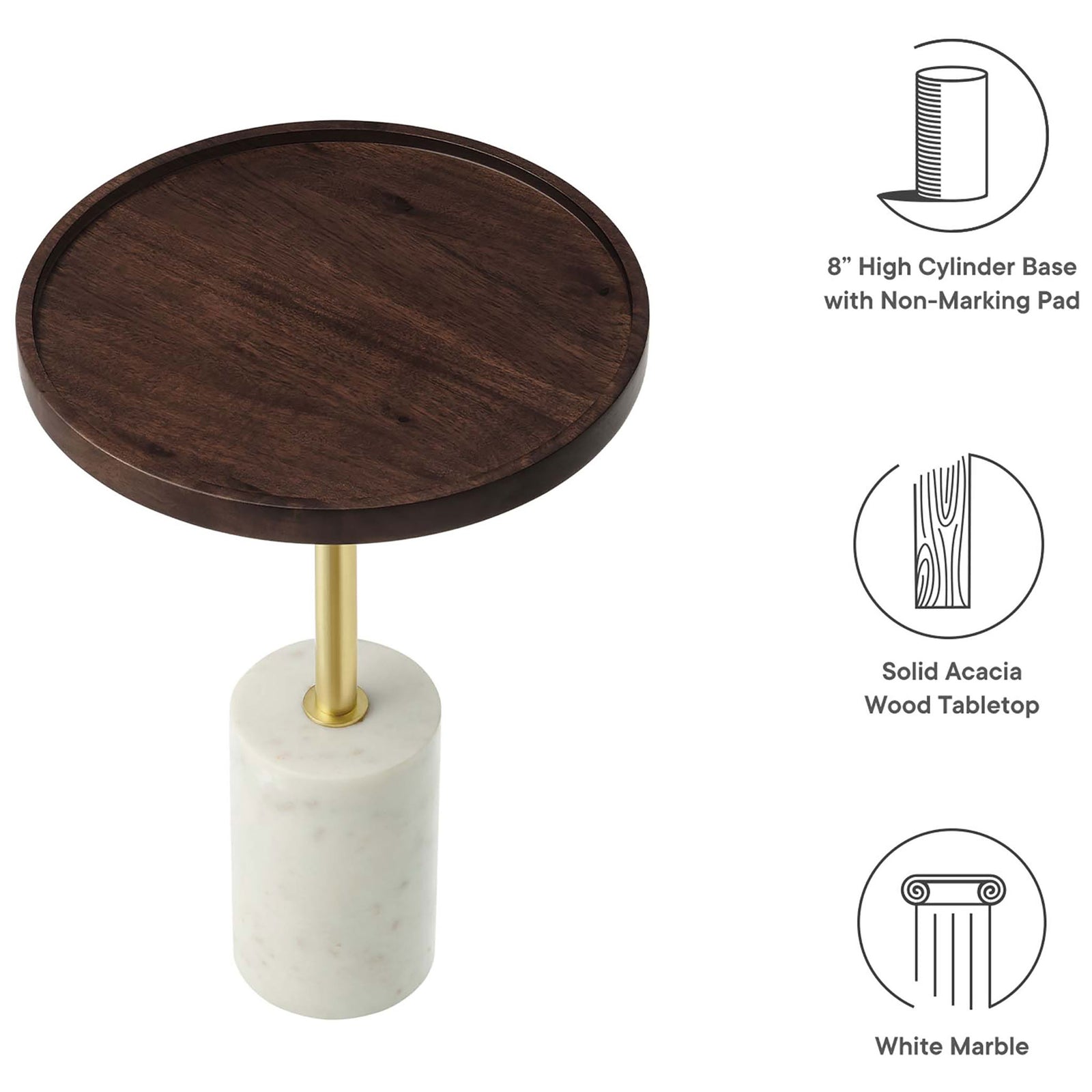 Amina side table highlighting acacia top, 8 inch marble base with pad, and brass support. || EEI-6607-WHI-WAC || callout_studio