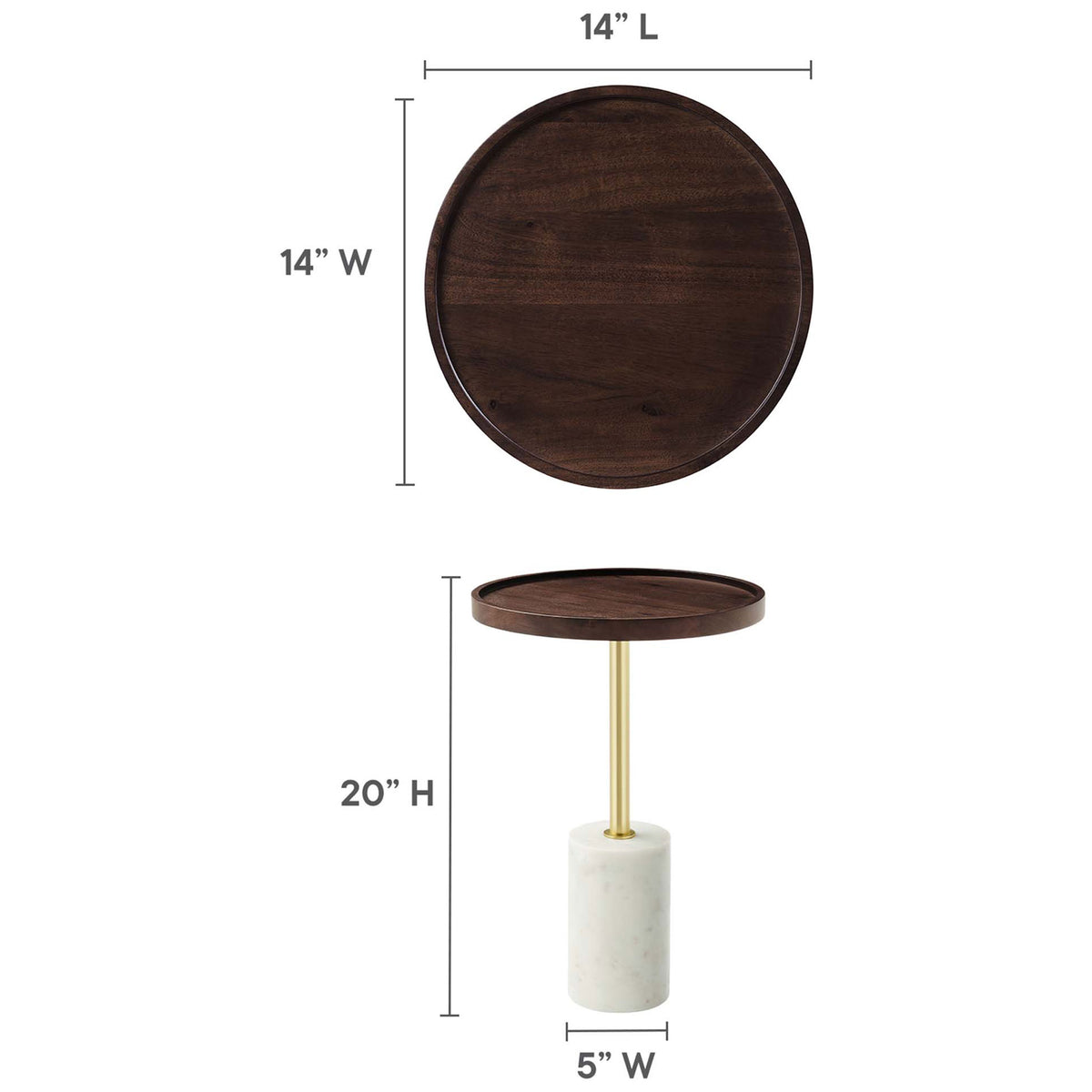 Dimensions of the Amina side table showing 14 inch round top, 20 inch height, and 5 inch base. || EEI-6607-WHI-WAC || dimension_studio