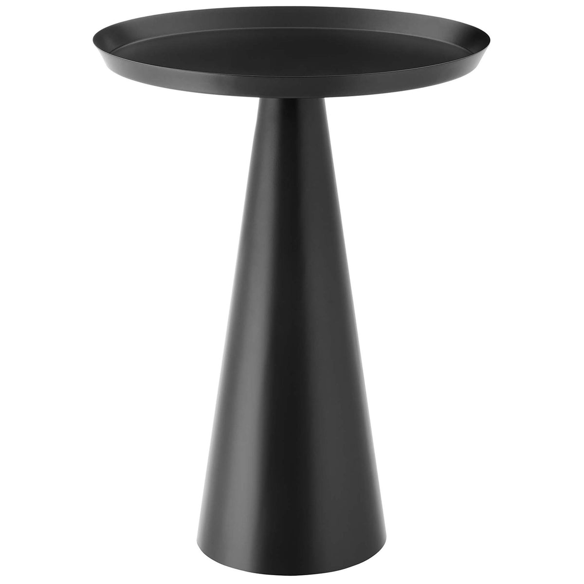 Sleek black iron side table with round rimmed top and sculptural conical pedestal base || EEI-6608-BLK || front_studio