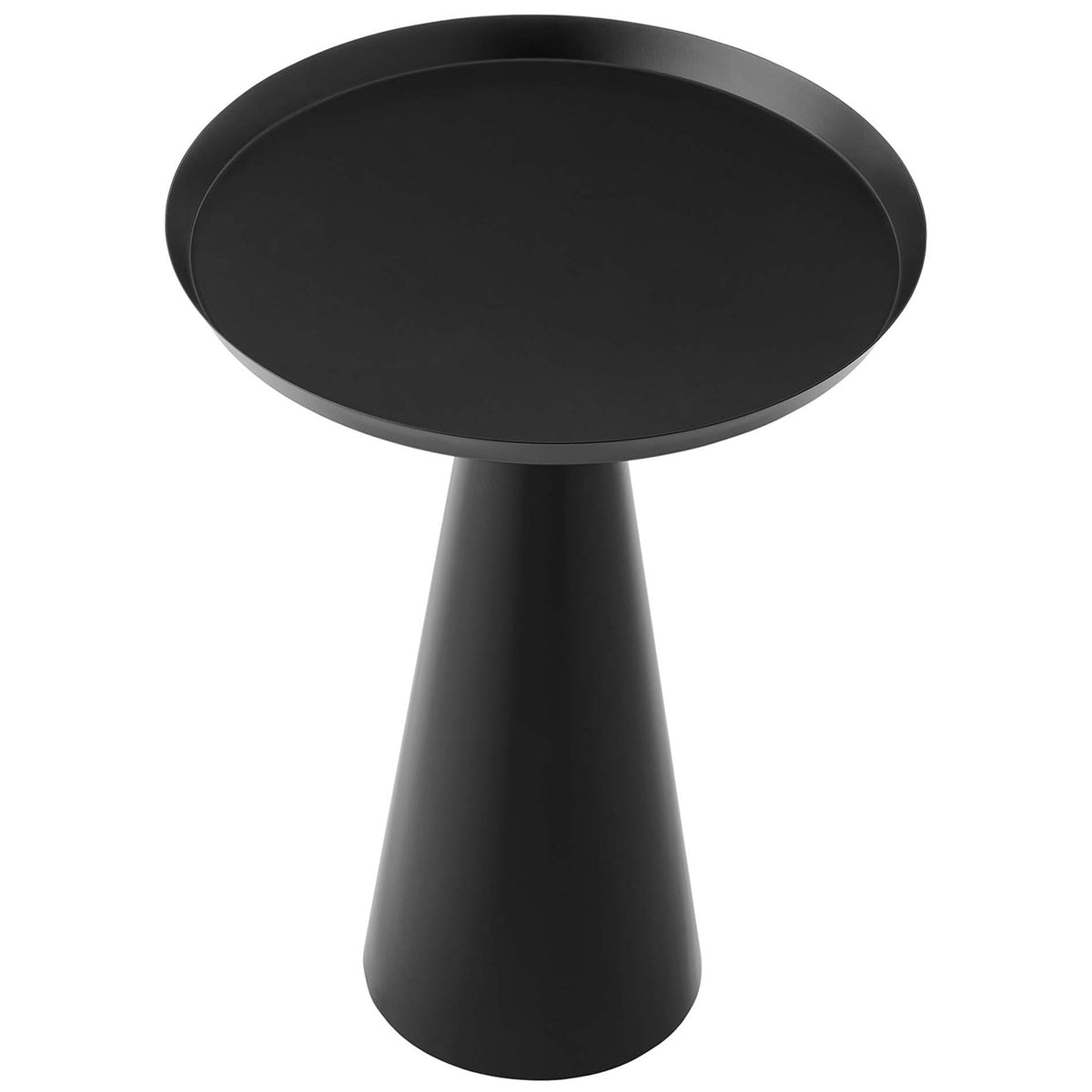 Modern black accent table highlighting the spacious round surface and slim pedestal silhouette || EEI-6608-BLK || top_angle_studio