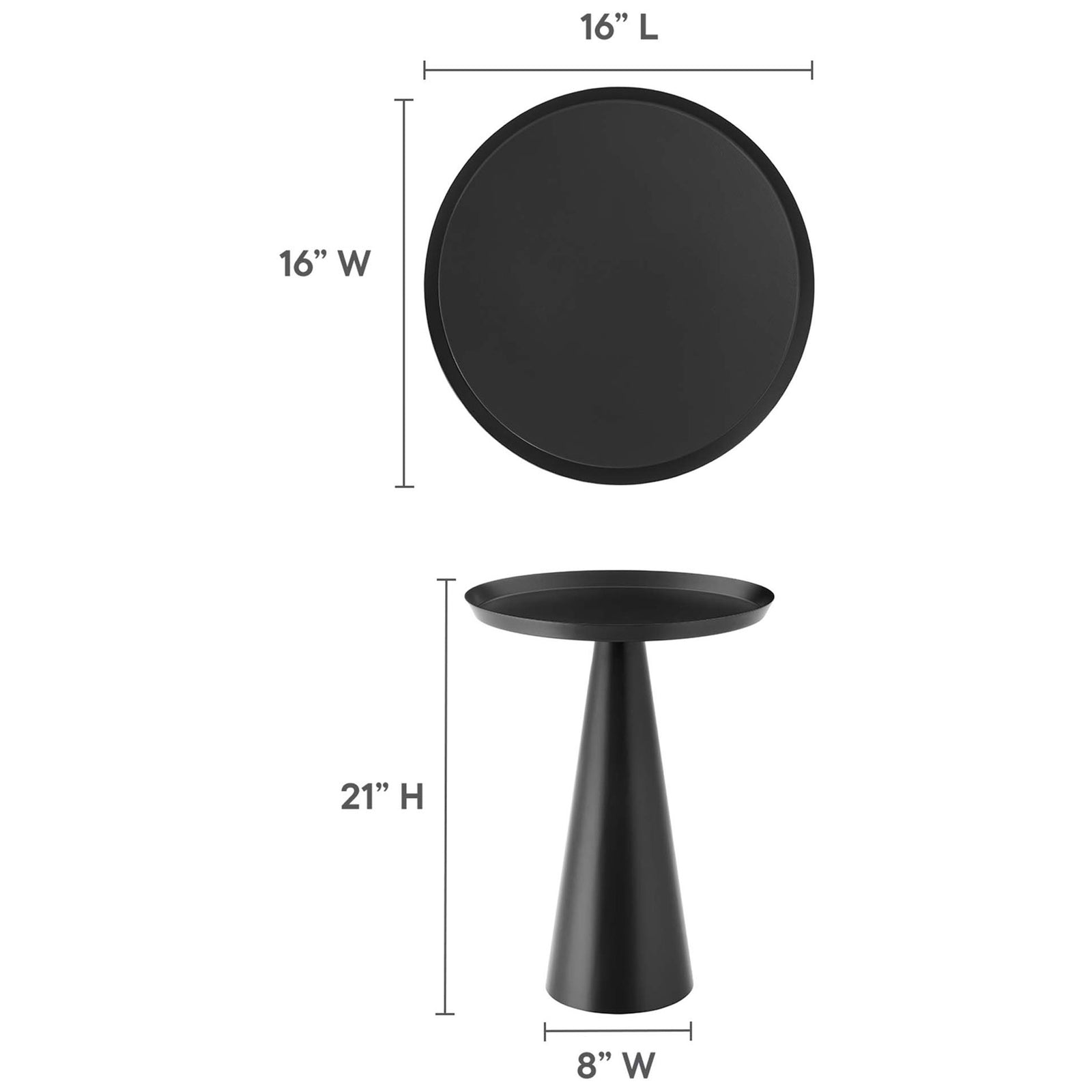 Compact round side table measuring approximately 16 inches wide and 21 inches high || EEI-6608-BLK || dimension_studio