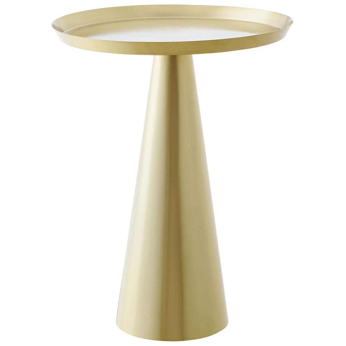 Sleek brass side table with round raised rim tabletop and conical pedestal base || EEI-6608-BRA || front_angle_studio