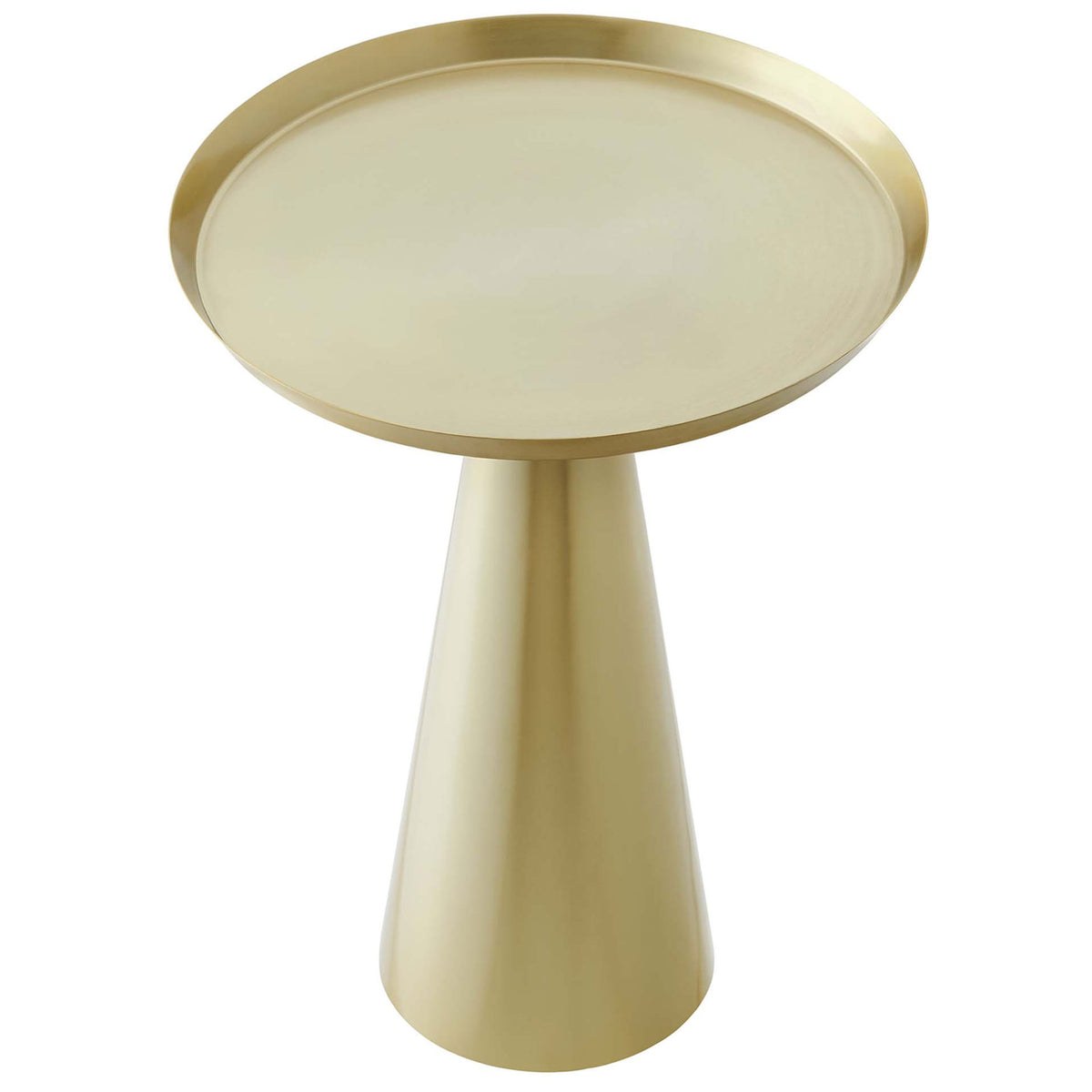 Brass round side table with smooth raised rim tray-style top and slender modern pedestal base || EEI-6608-BRA || top_angle_studio