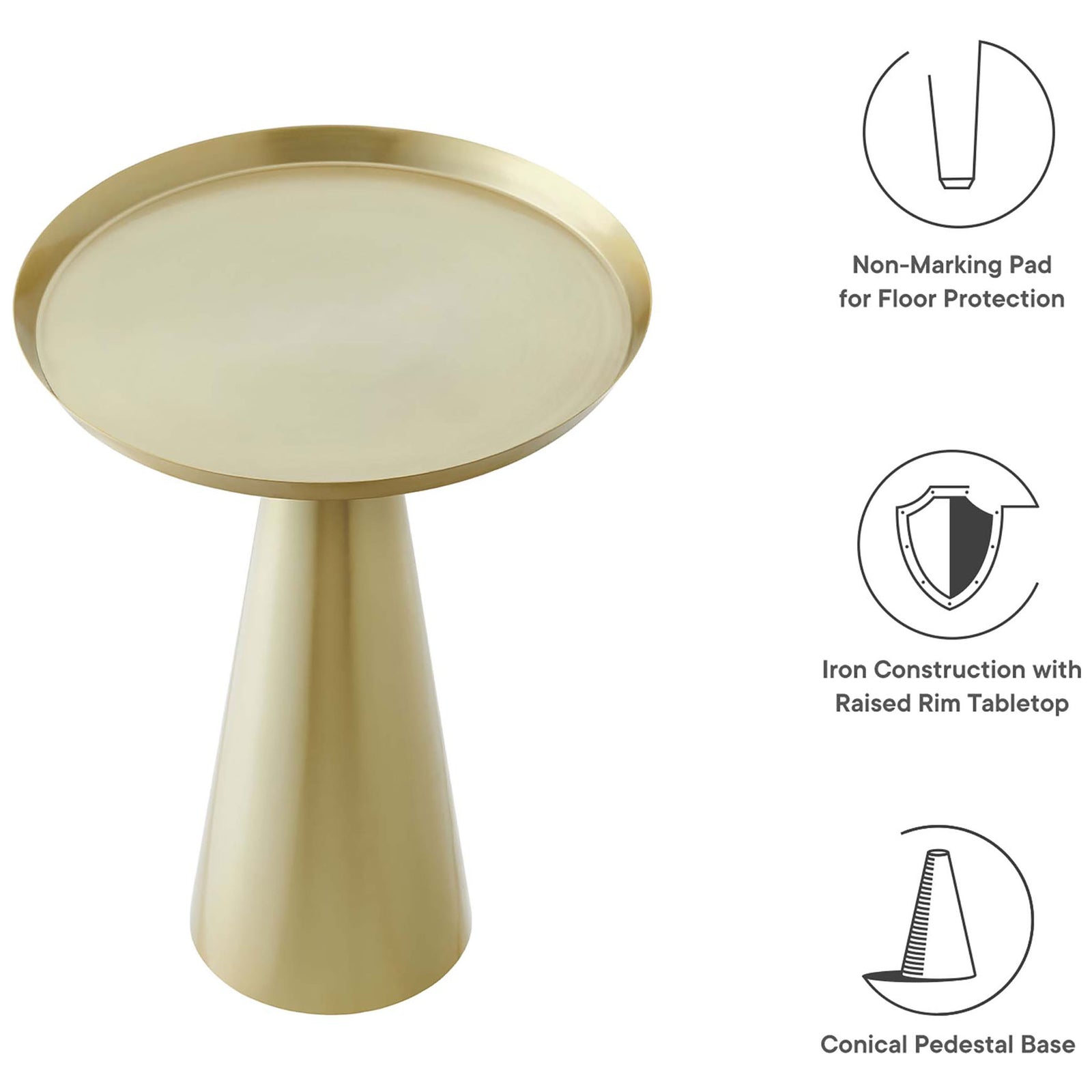 Brass side table with raised rim top, conical pedestal base, iron build and protective non-marking floor pad || EEI-6608-BRA || callout_studio
