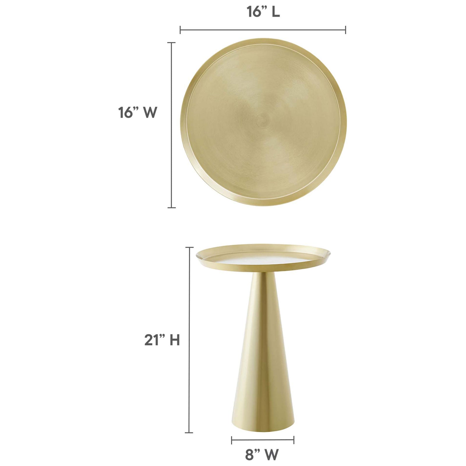 Brass round side table with compact footprint, generous 16 inch top and 21 inch height for versatile placement || EEI-6608-BRA || dimension_studio