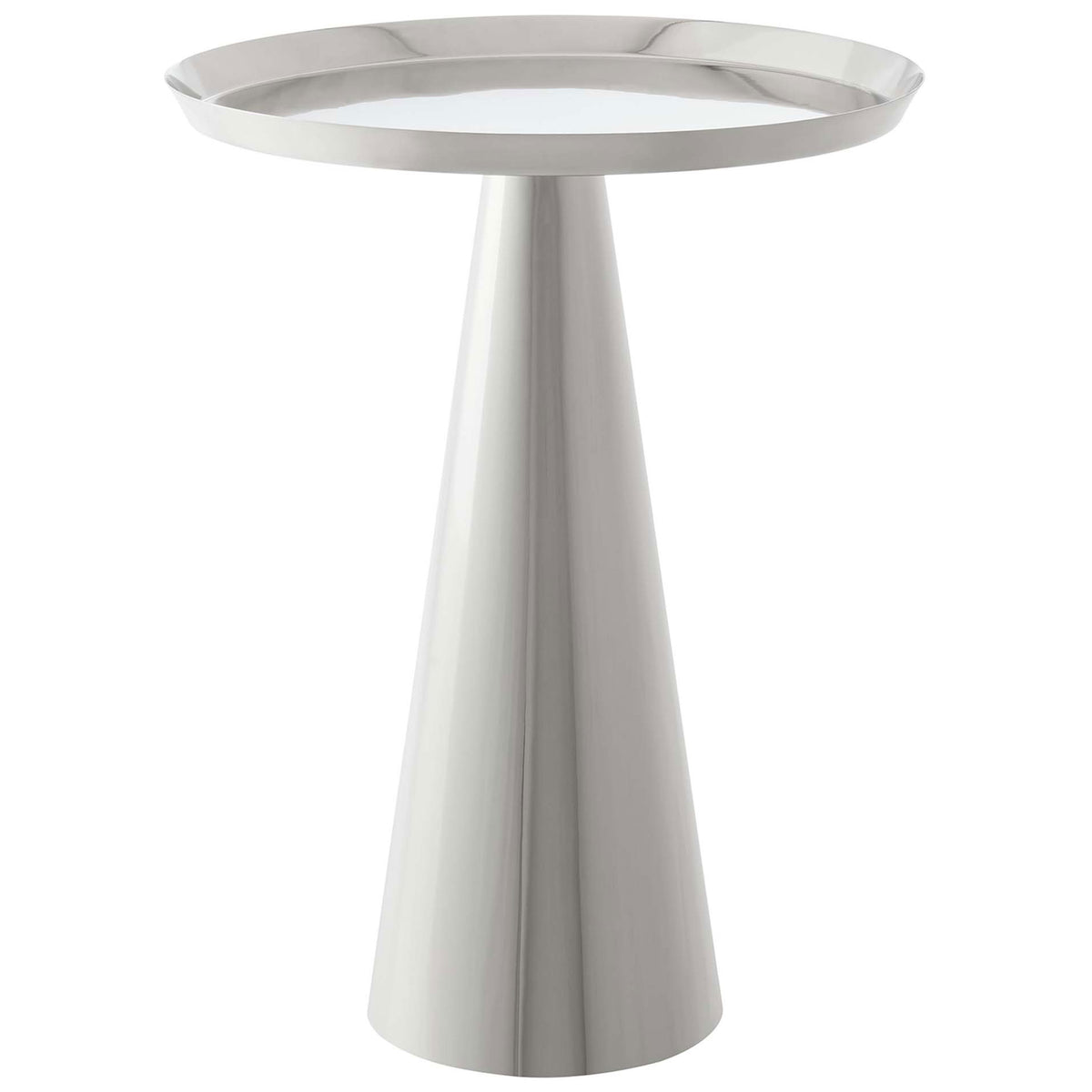 Polished nickel round side table with raised rim and sleek conical pedestal base || EEI-6608-NIC || front_angle_studio