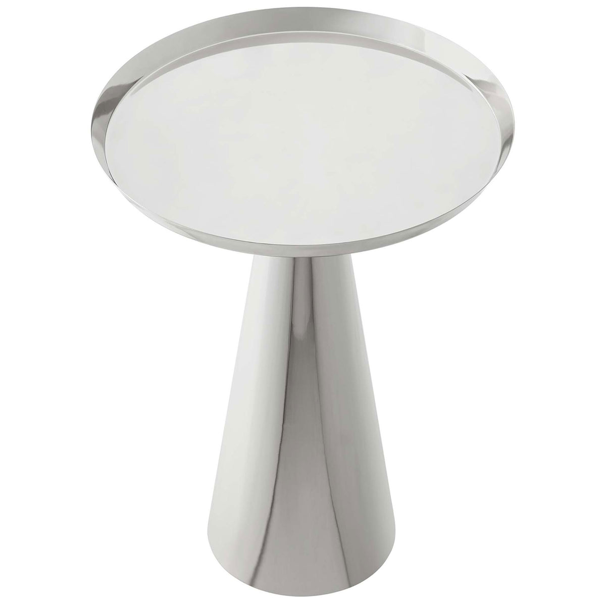 Round nickel side table showcasing smooth tray-style top and modern pedestal silhouette || EEI-6608-NIC || top_angle_studio