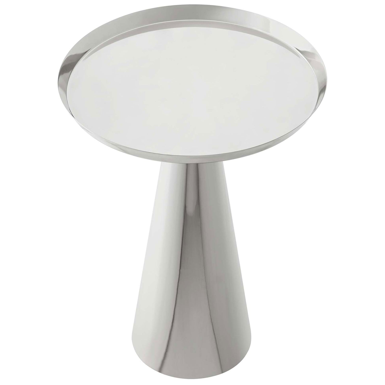 Round nickel side table showcasing smooth tray-style top and modern pedestal silhouette || EEI-6608-NIC || top_angle_studio