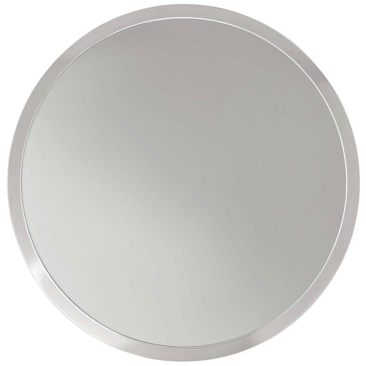 Overhead view of the round nickel tabletop with subtle raised rim and reflective finish || EEI-6608-NIC || top_studio