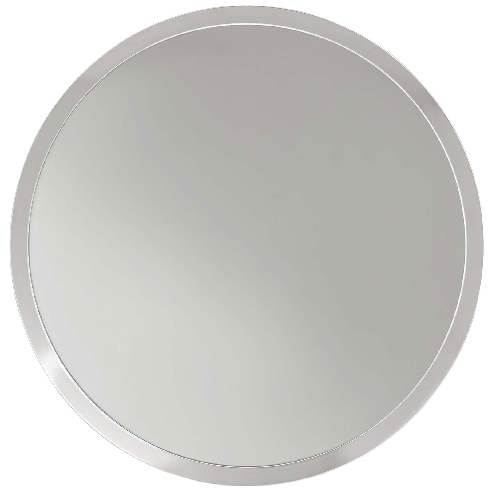 Overhead view of the round nickel tabletop with subtle raised rim and reflective finish || EEI-6608-NIC || top_studio