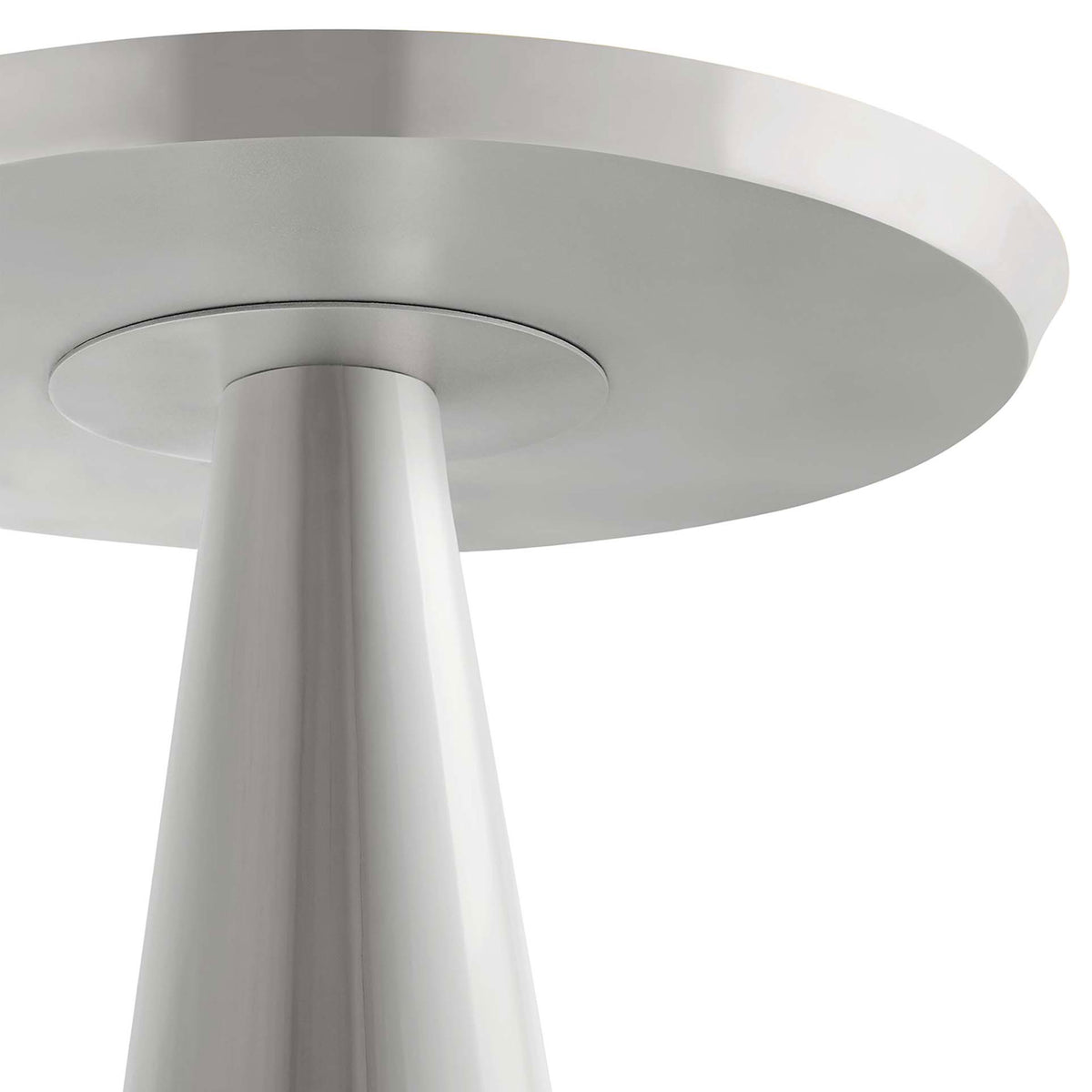 Detail of the underside connection between the round tabletop and sleek conical pedestal base || EEI-6608-NIC || detail_studio