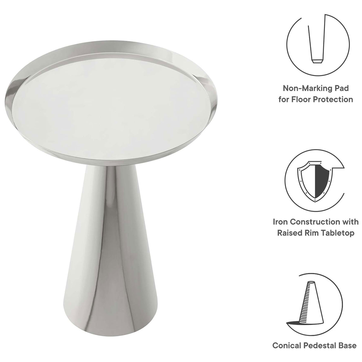 Maren round side table with feature callouts for rimmed top, iron build, and pedestal base || EEI-6608-NIC || callout_studio