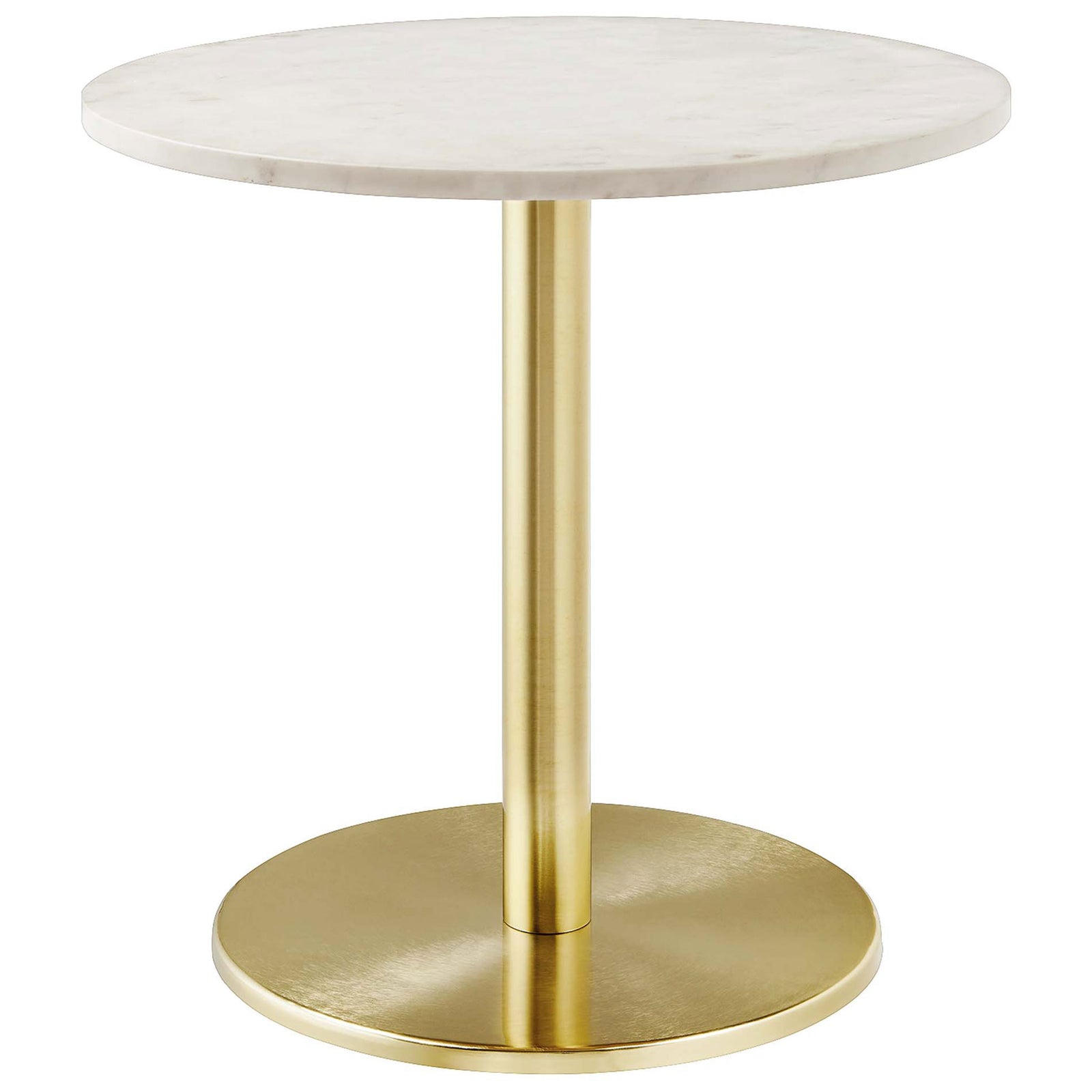Round white marble side table with brushed brass pedestal base adds modern glam to any living space || EEI-6609-BRA-WHI || front_studio