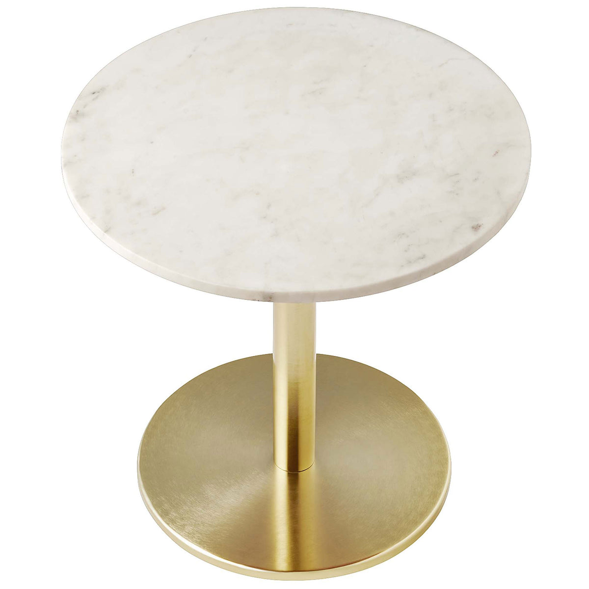 Circular white marble tabletop pairs with a sleek brass pedestal and base for a clean, contemporary side table design || EEI-6609-BRA-WHI || top_angle_studio