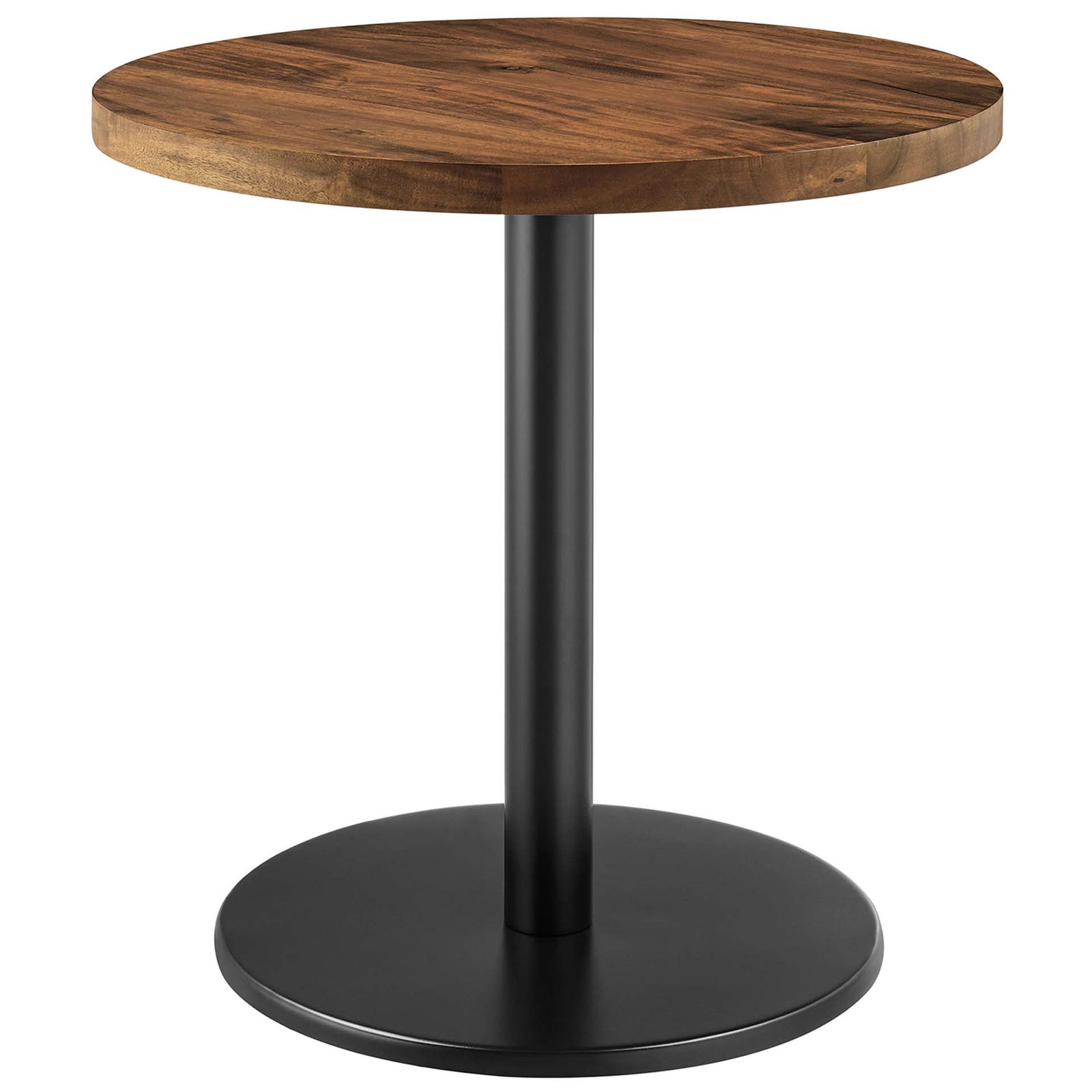 Viva round acacia side table with black pedestal base and modern pedestal silhouette || EEI-6610-BLK-LOC || front_angle_studio
