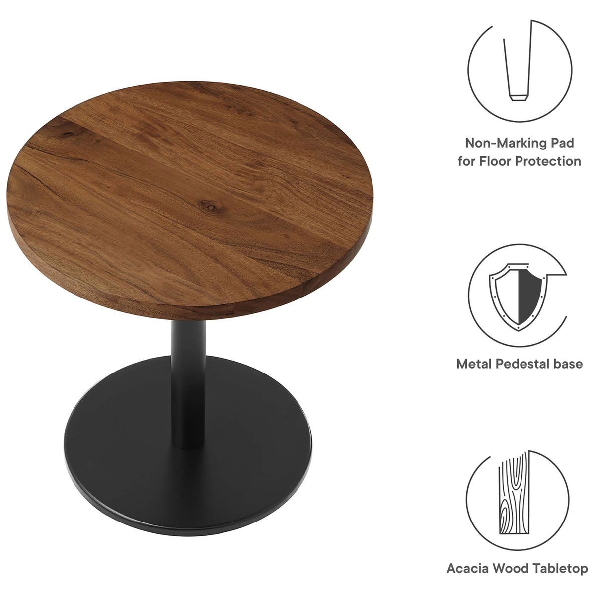 Viva round side table with feature icons for acacia wood top metal pedestal and floor protection pad || EEI-6610-BLK-LOC || callout_studio