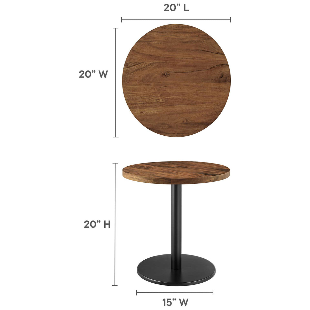 Viva round side table with labeled dimensions for tabletop diameter height and base width || EEI-6610-BLK-LOC || dimension_studio
