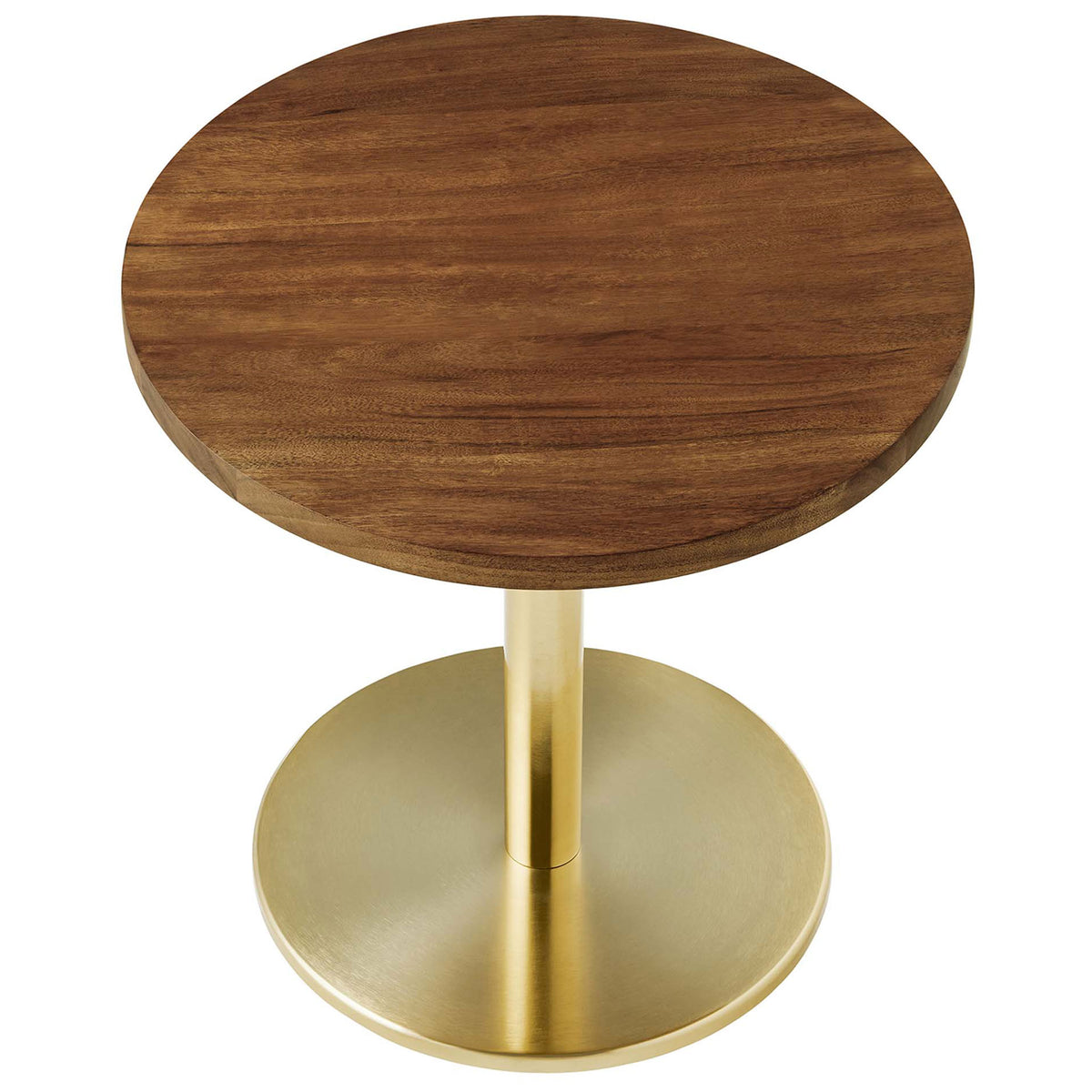 Round acacia tabletop and brushed brass base with clean modern lines and balanced proportions || EEI-6610-BRA-LOC || top_angle_studio