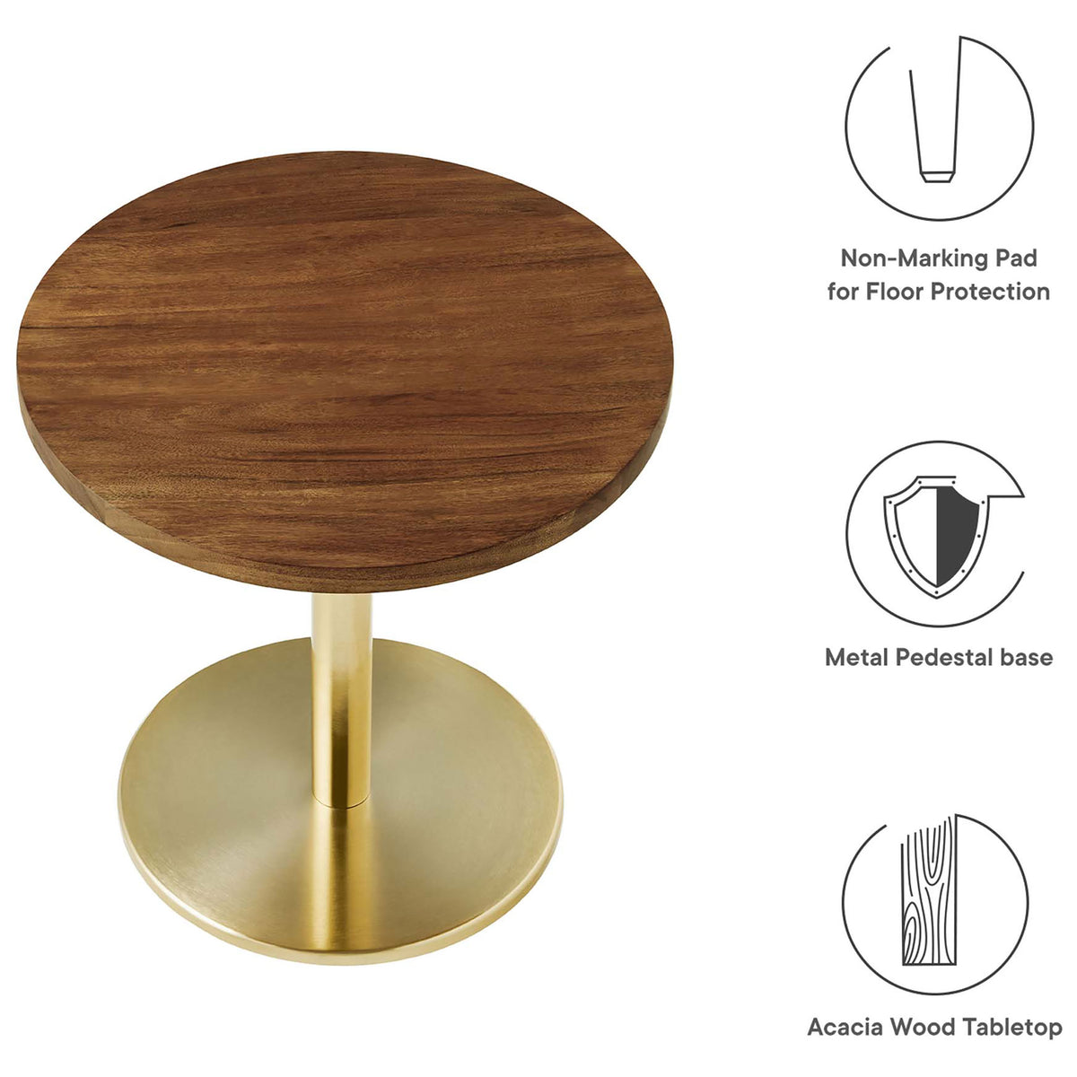 Viva round side table with acacia wood top, brass pedestal base, and non-marking floor pad icons || EEI-6610-BRA-LOC || callout_studio