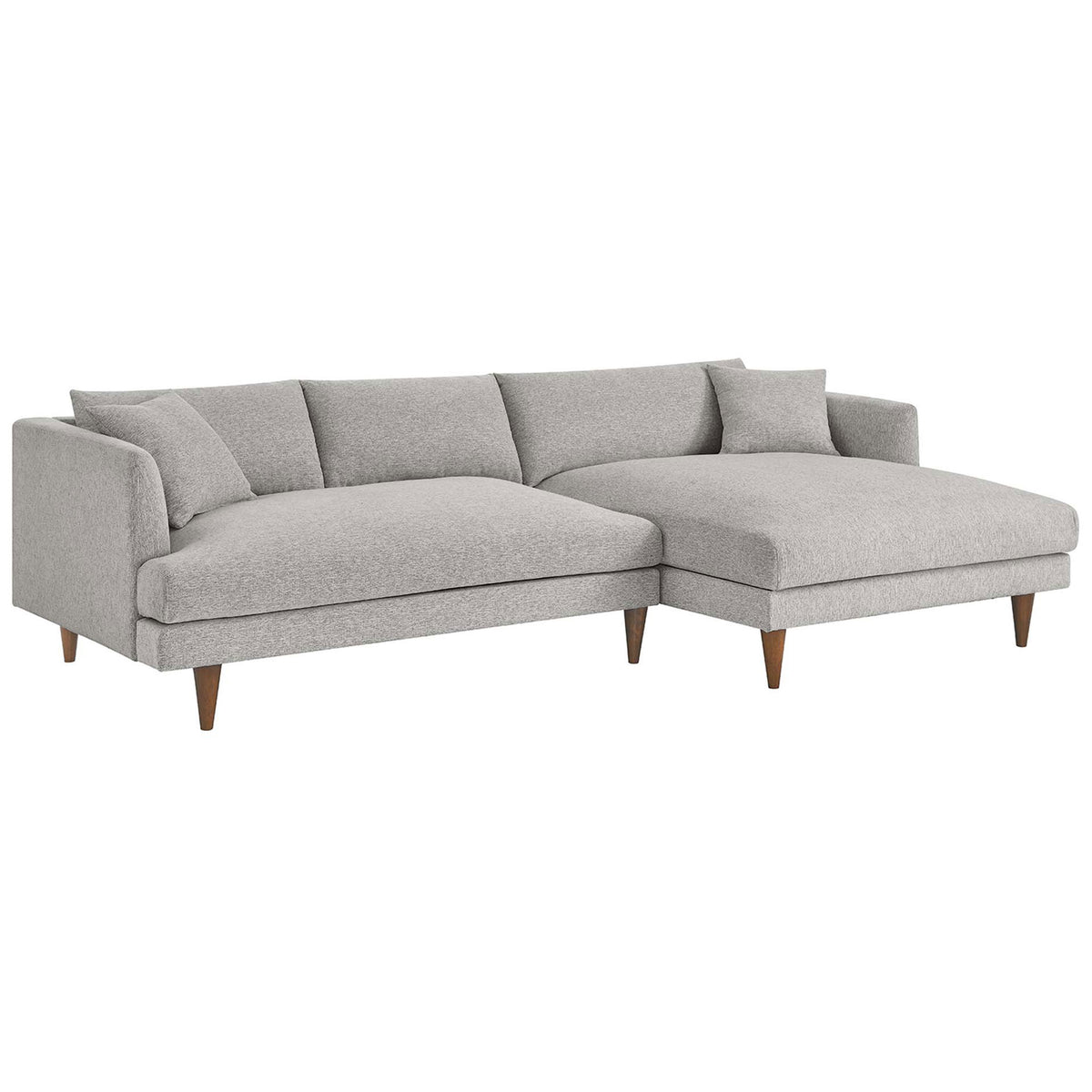 Right-facing heathered light gray sectional with down-filled cushions and tapered wood legs || EEI-6612-HLG || front_angle_studio