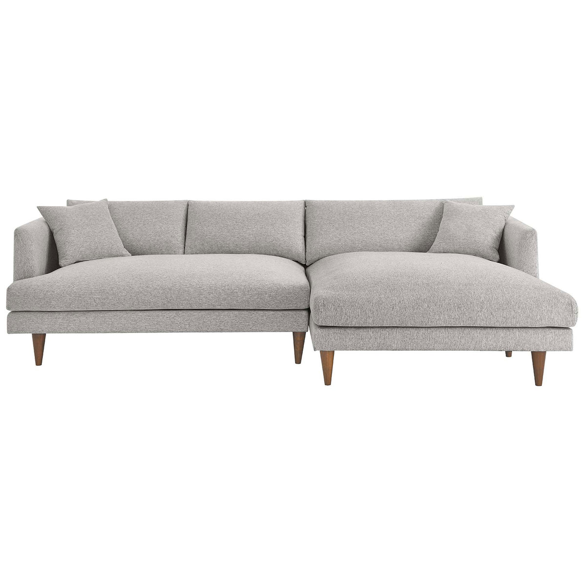 Spacious right-facing light gray chaise sectional sofa with plush back pillows and slim wood legs || EEI-6612-HLG || front_studio