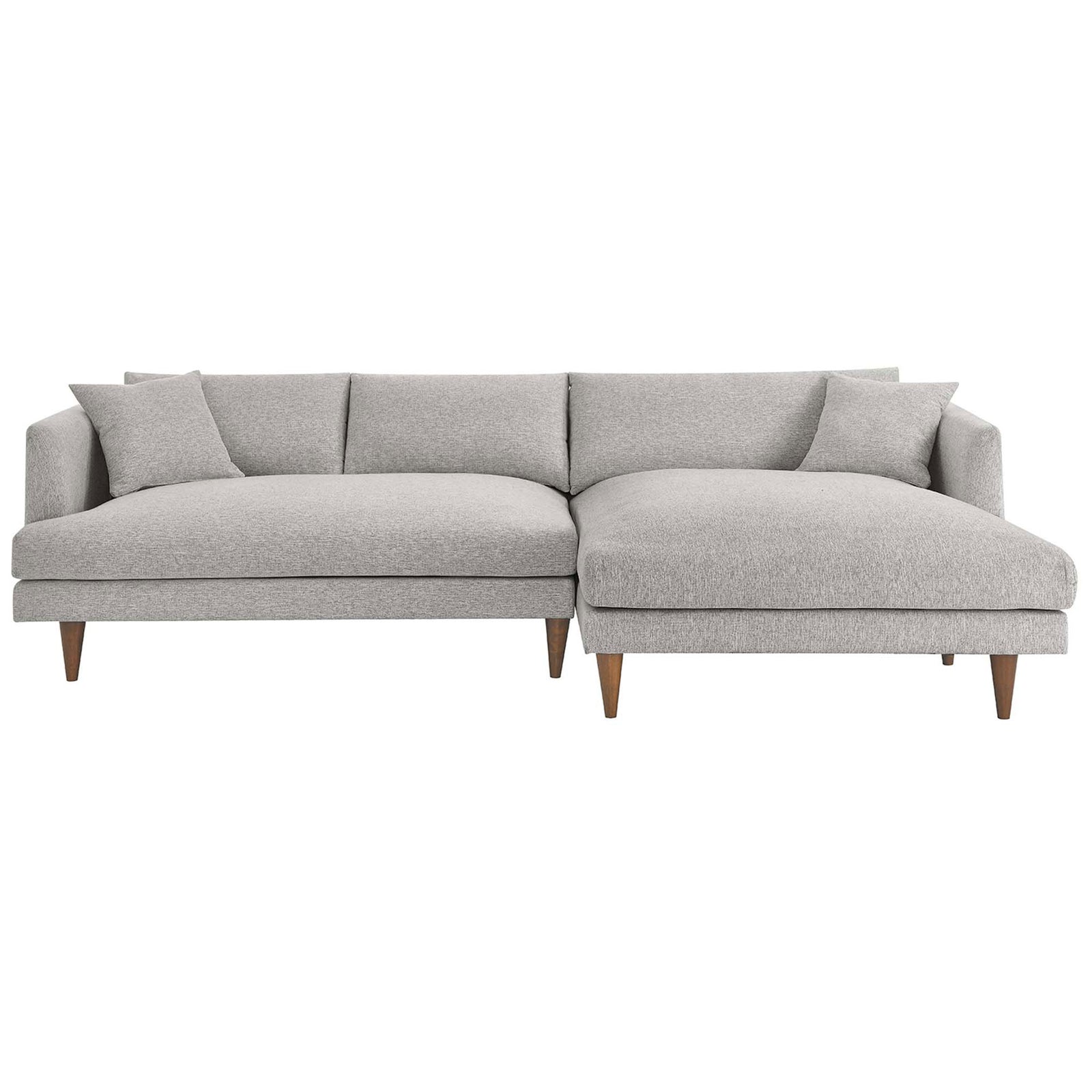 Spacious right-facing light gray chaise sectional sofa with plush back pillows and slim wood legs || EEI-6612-HLG || front_studio