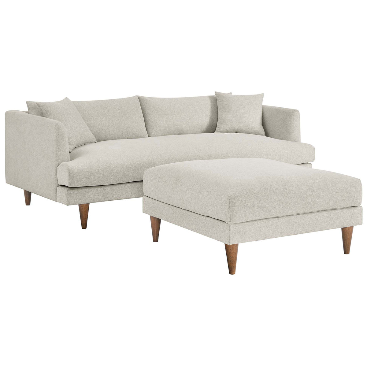 Modern ivory sofa and ottoman set with plush cushions and warm wood legs for relaxed lounging || EEI-6614-HEI || front_angle_studio