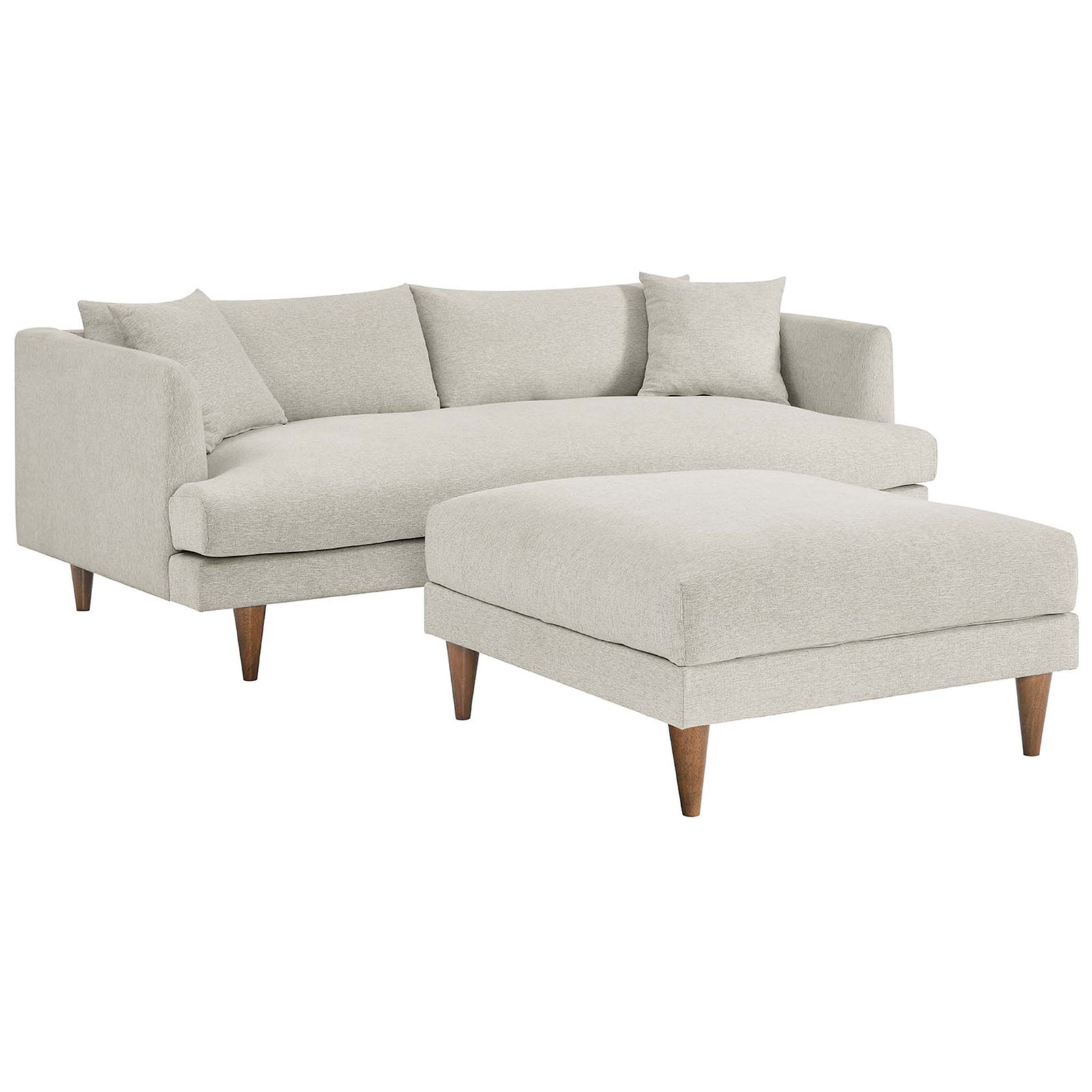 Modern ivory sofa and ottoman set with plush cushions and warm wood legs for relaxed lounging || EEI-6614-HEI || front_angle_studio
