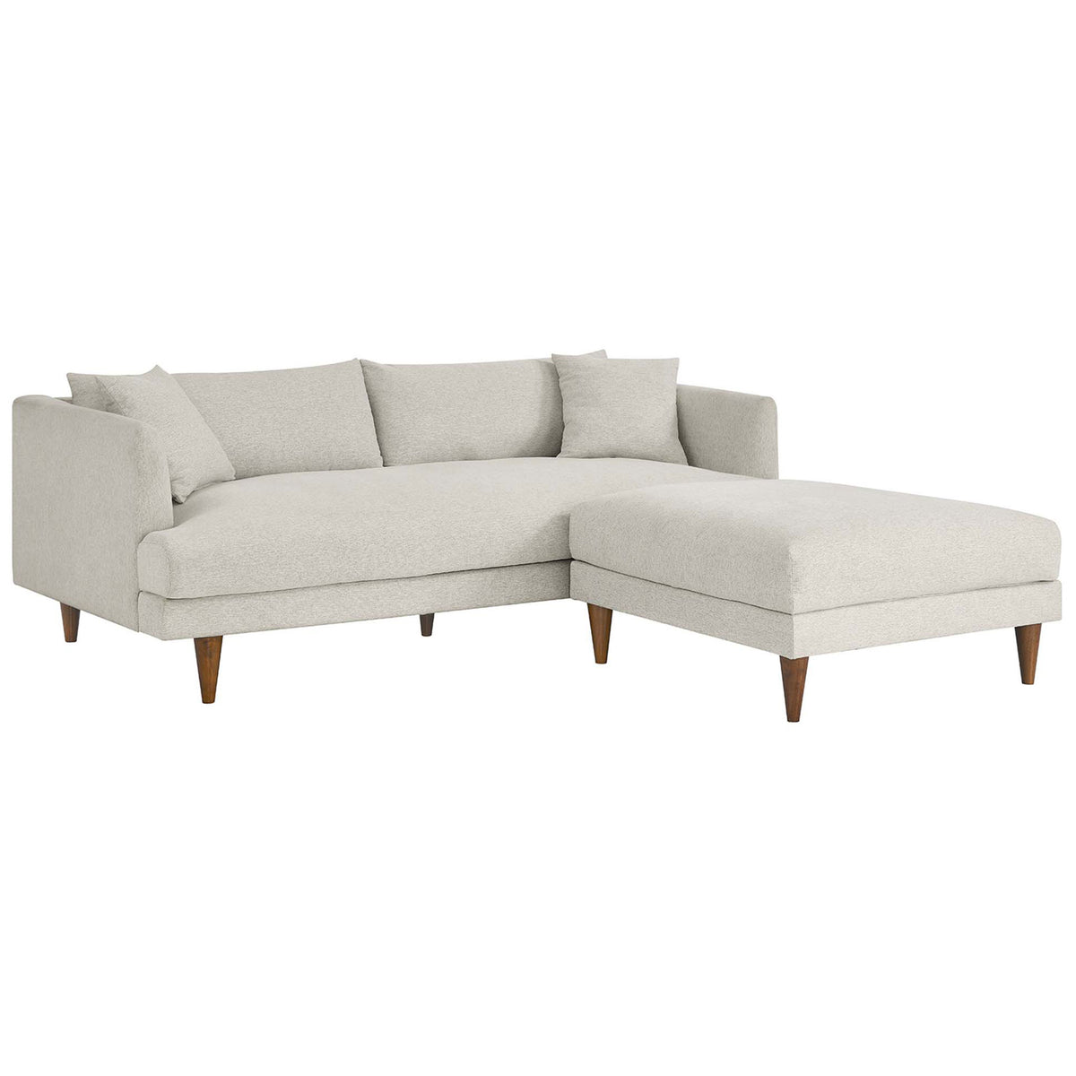 Configurable ivory sofa and ottoman set with chaise-style seating and tapered mid-century legs || EEI-6614-HEI || front_angle_studio