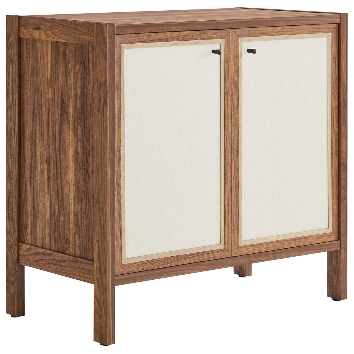 Walnut Capri cabinet on tall legs with cream linen-look doors for streamlined small-space storage || EEI-6615-WAL || front_angle_studio