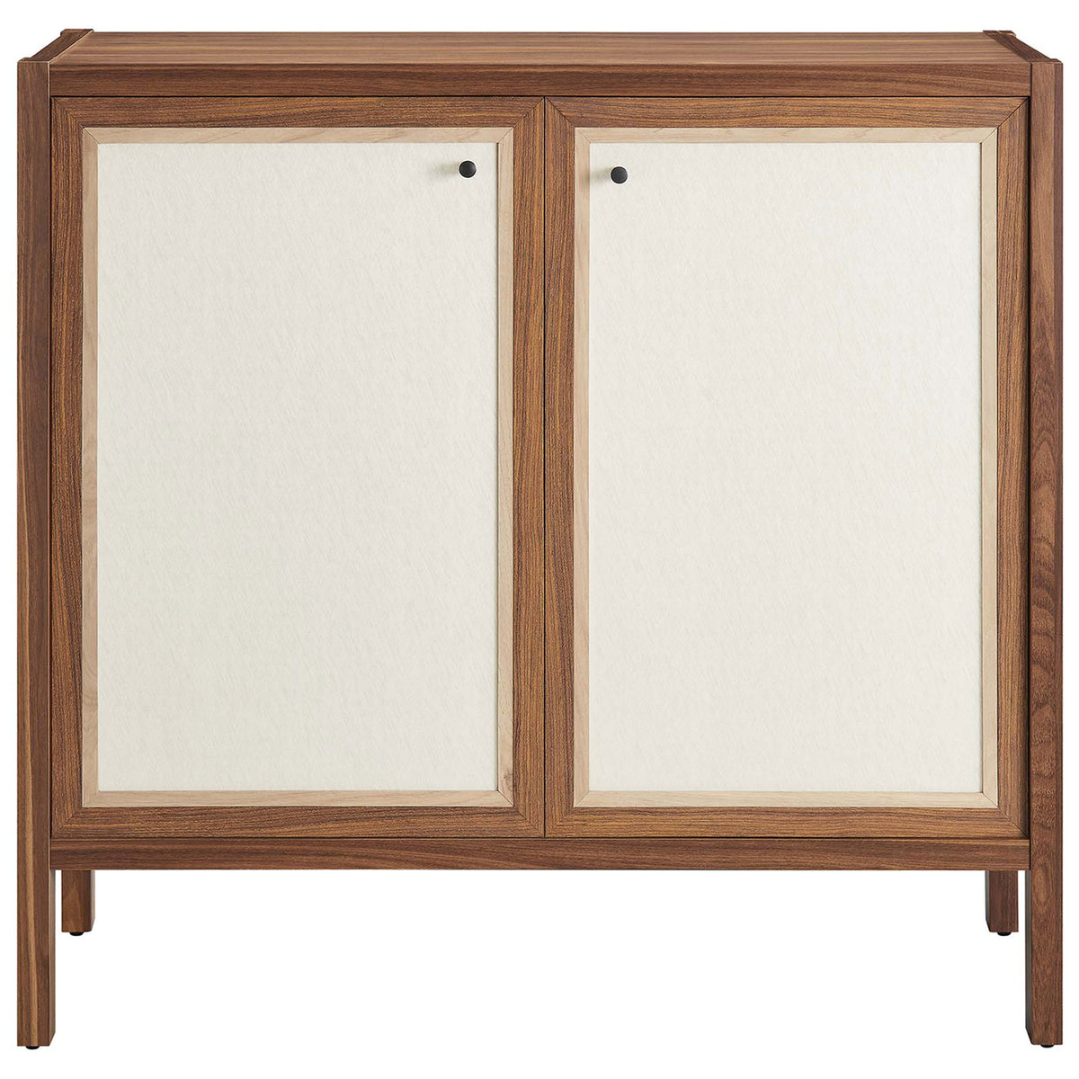 Compact Capri sideboard cabinet with two linen-textured doors and warm walnut wood grain frame || EEI-6615-WAL || front_studio
