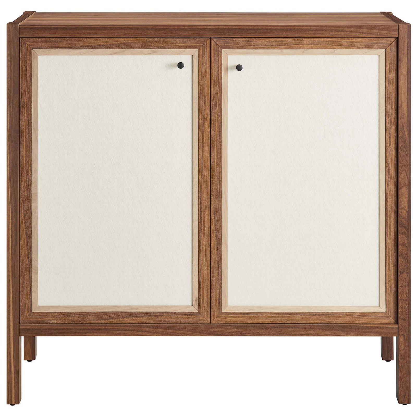 Compact Capri sideboard cabinet with two linen-textured doors and warm walnut wood grain frame || EEI-6615-WAL || front_studio