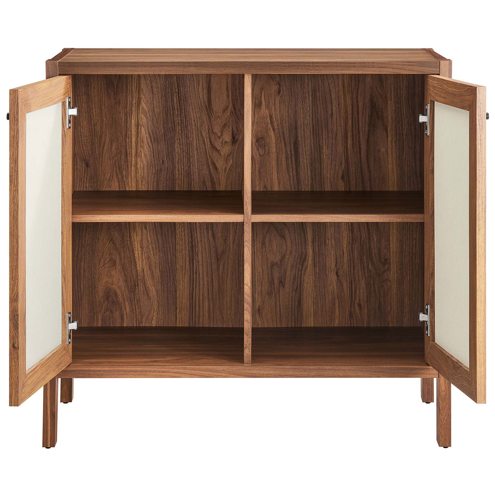 Capri sideboard with both doors open revealing four roomy compartments for dishes, books, or decor || EEI-6615-WAL || front_open_studio