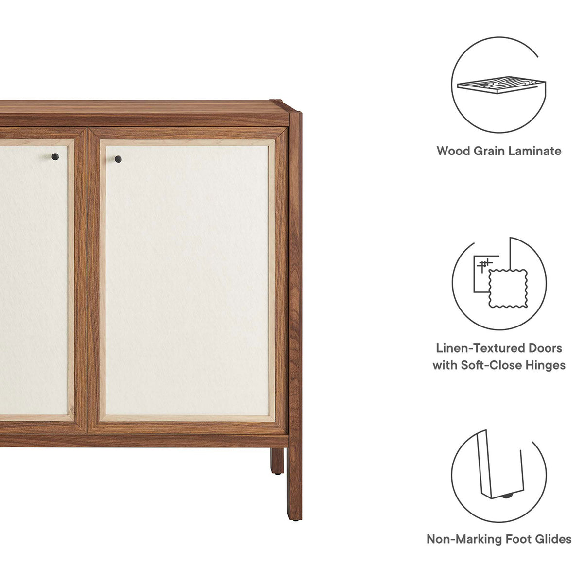 Feature graphic highlighting wood grain laminate, soft-close linen doors, and non-marking foot glides || EEI-6615-WAL || callout_studio