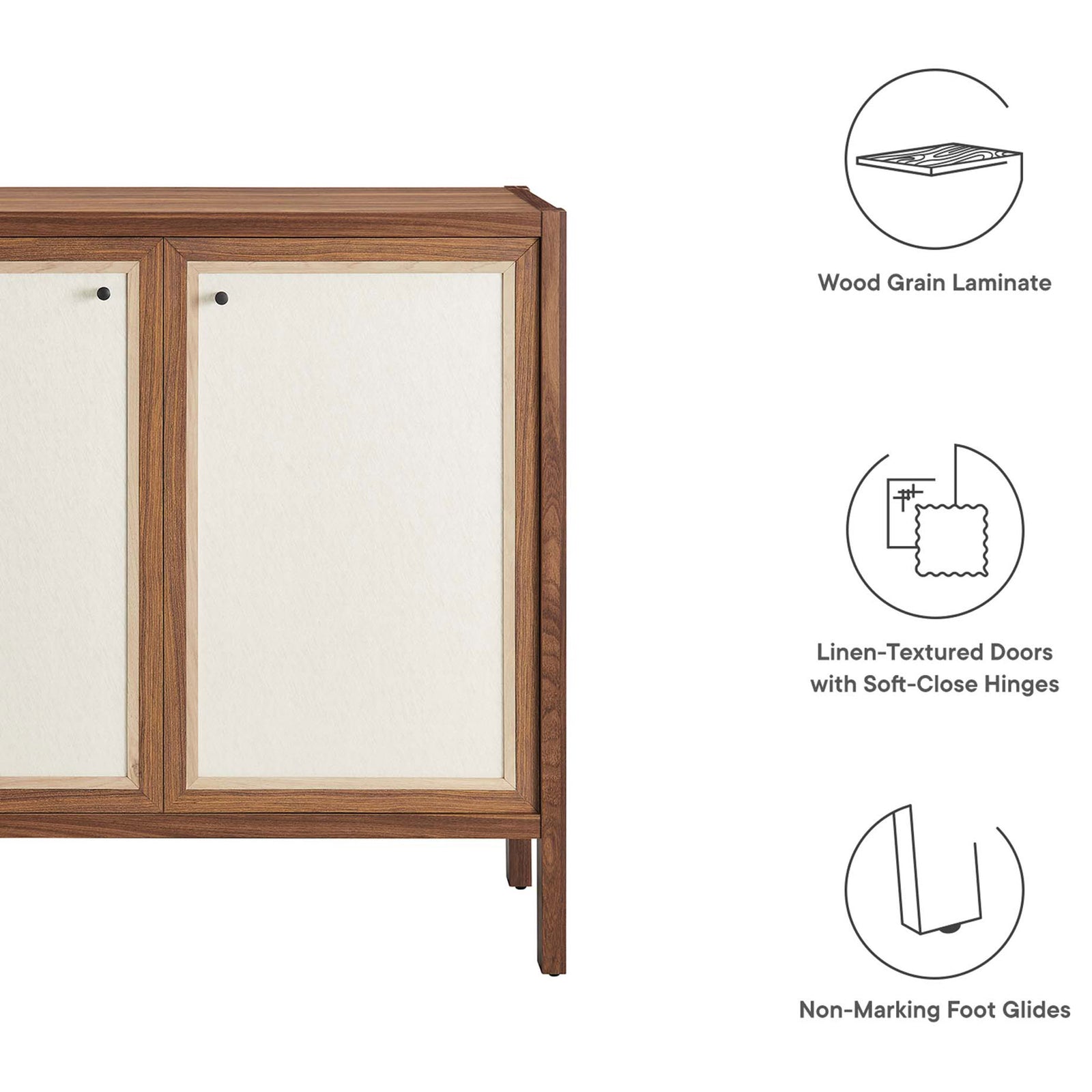 Feature graphic highlighting wood grain laminate, soft-close linen doors, and non-marking foot glides || EEI-6615-WAL || callout_studio