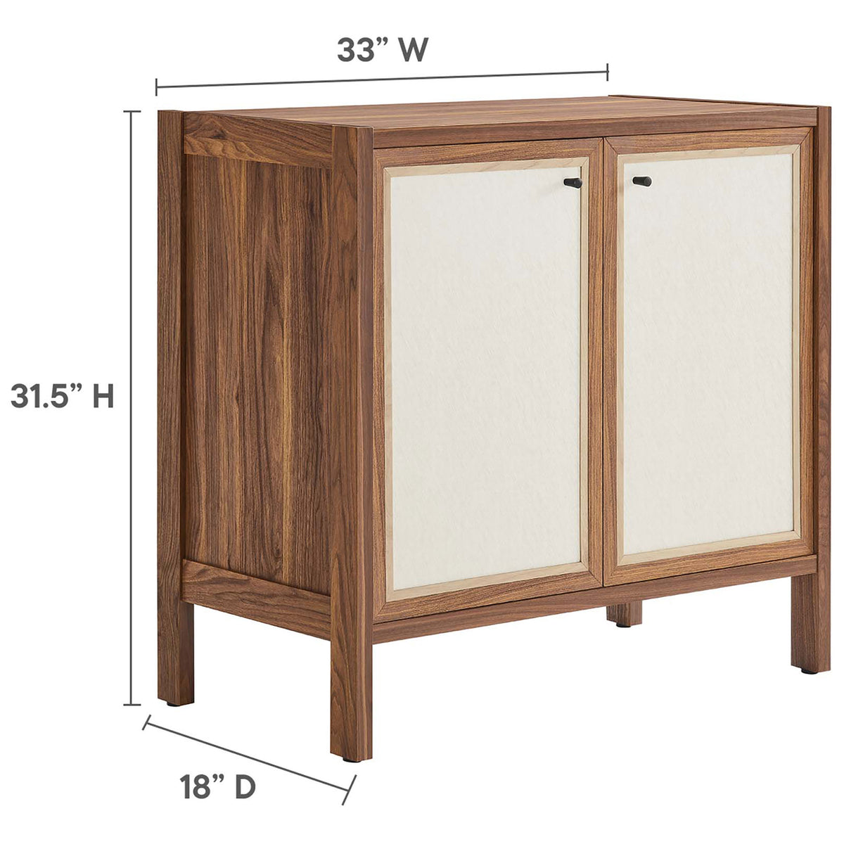 Dimension view of Capri sideboard showing 31.5 inch height, 33 inch width, and 18 inch depth || EEI-6615-WAL || dimension_studio